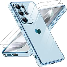 LeYi Mobile Phone Case for Samsung Galaxy S25 Ultra Case with 2 x Screen Protectors, Cute Heart Pattern TPU Silicone Electroplating Shockproof Protective Cover Case, Camera Protection, Scratch-Resistant for Samsung S 25 Ultra Blue