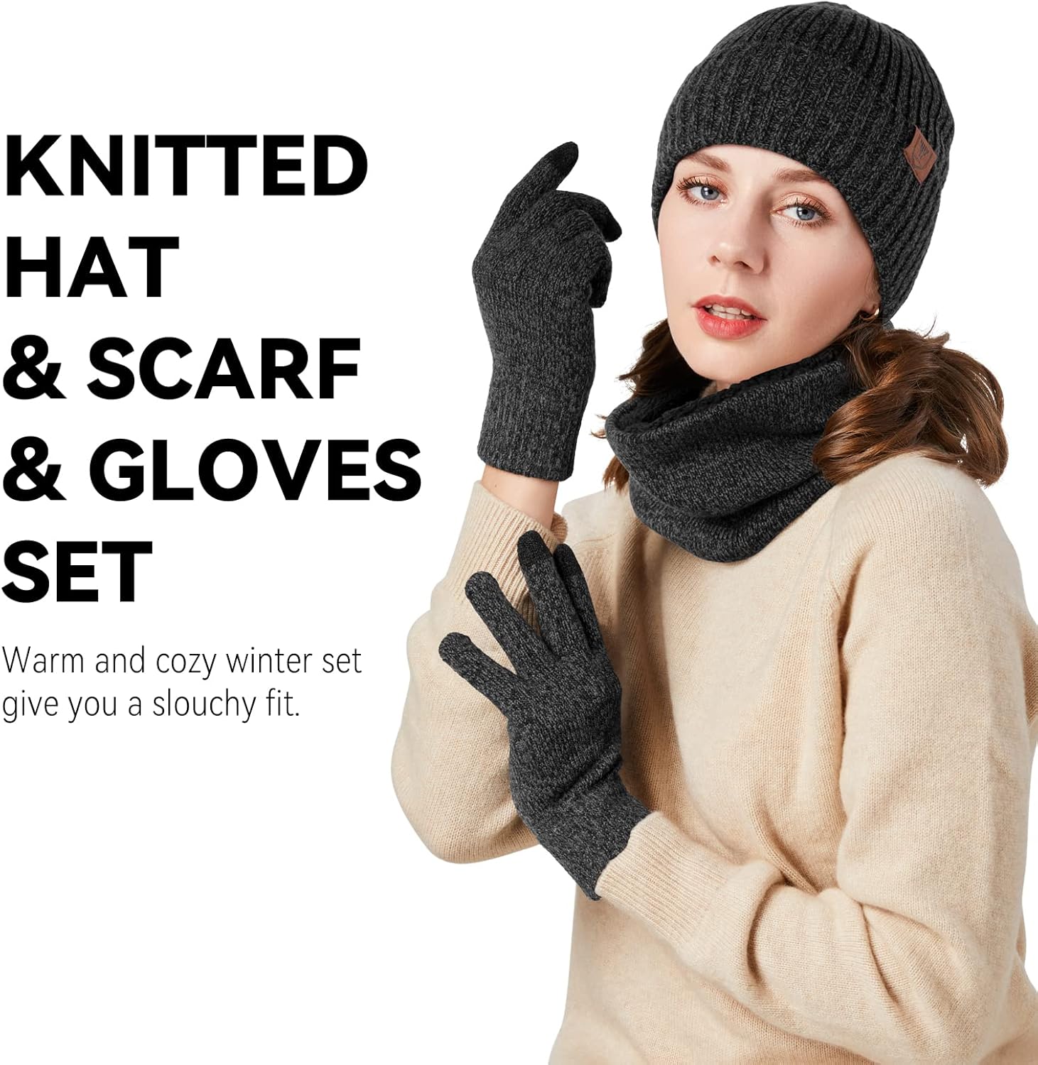 OZERO 3 Pcs Winter Hat Scarf Gloves Set for Women Men: Touchscreen Gloves Knit Beanie Neck Warmer Set Warm Polar Fleece Lined - Image 8