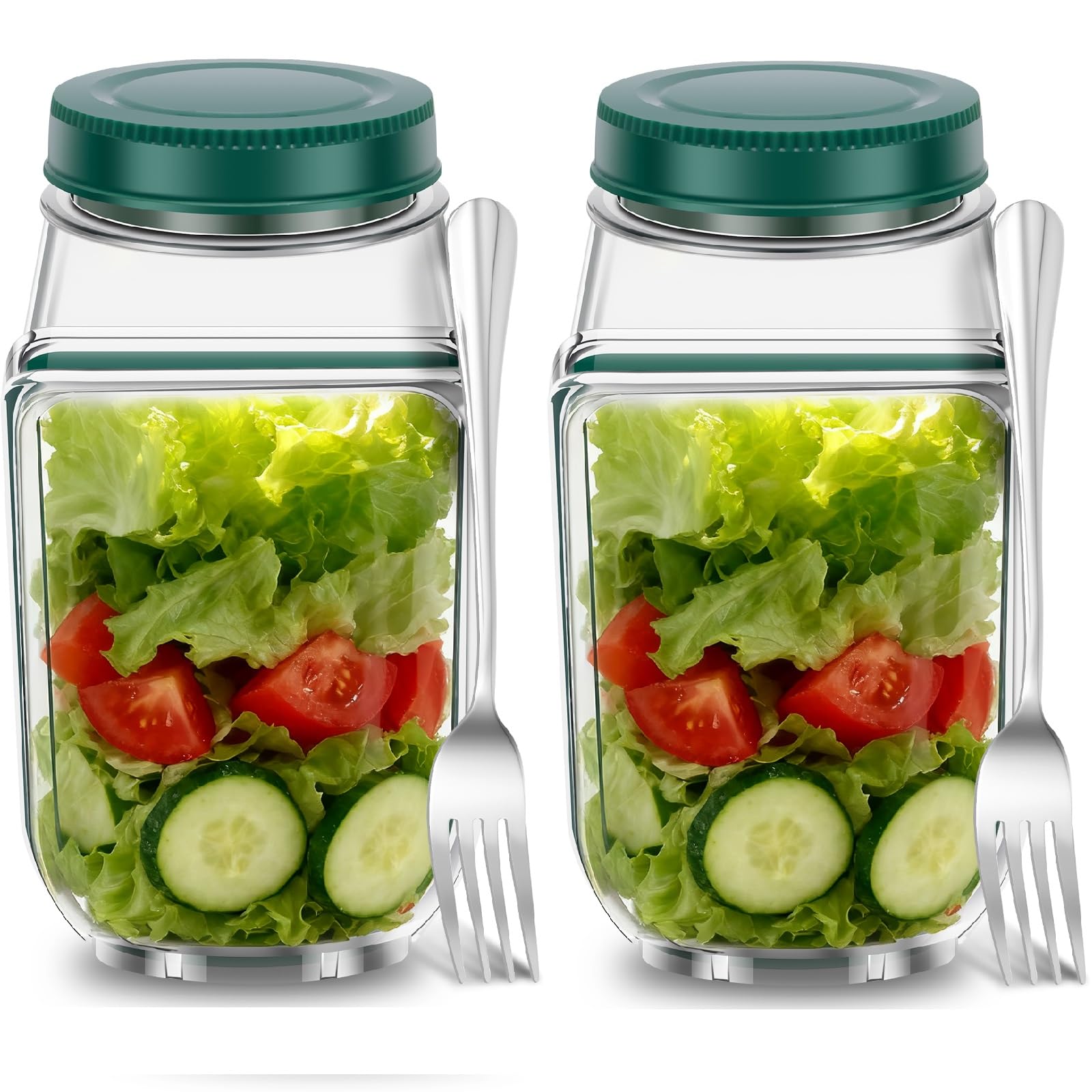 Salad Pod with Stainless Steel Fork, 700ml Salads Jar with Side Opening, Salad Container for Lunch, Built-in Bowl Design, Wet Dry Separation Vertical Layering Lunchable Containers (Green 2PCS)