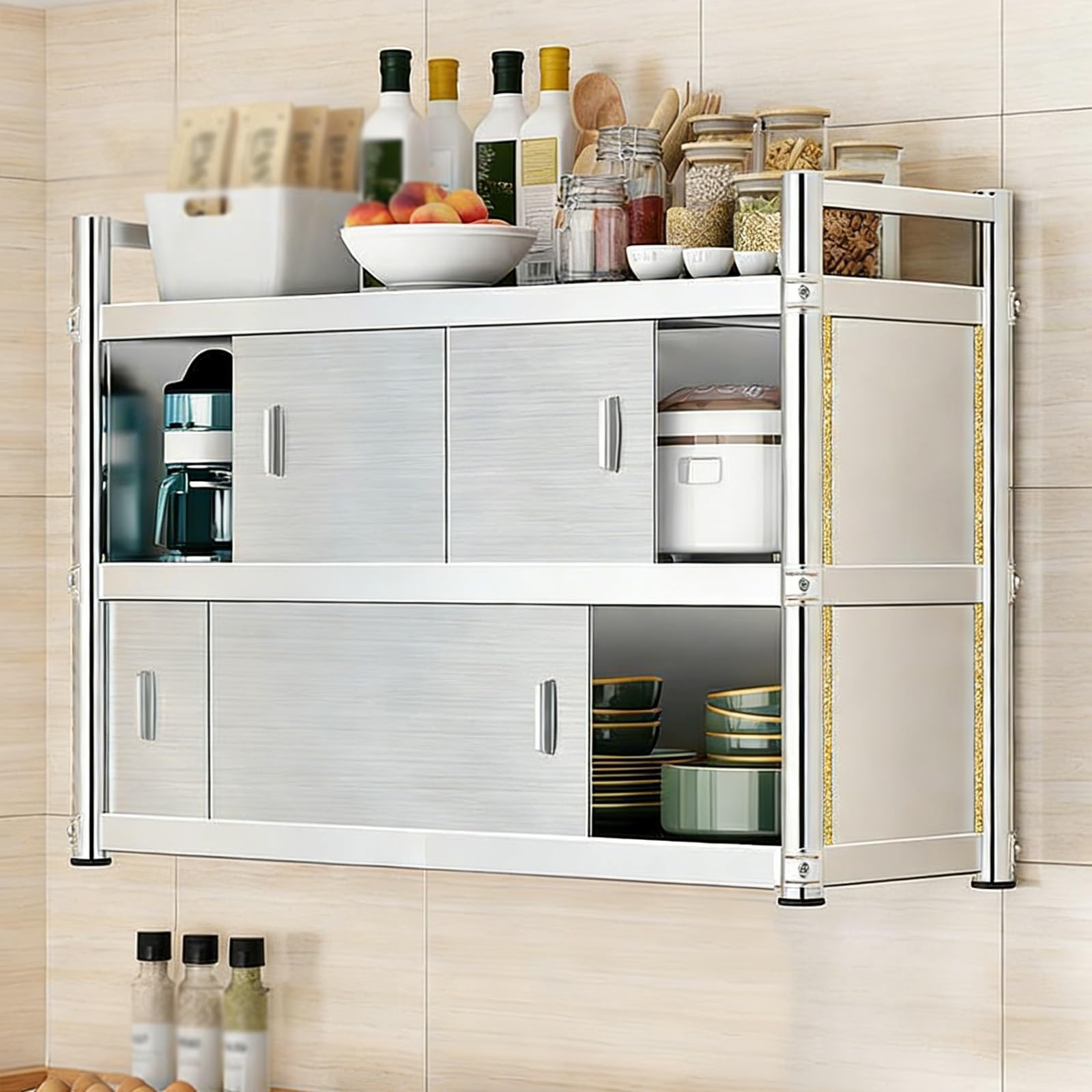 SeModern Küchenschrank aus Edelstahl mit Schiebetüren, 3 Etagen, 120 x 35 x 50 cm