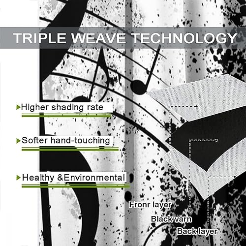 Miniatura 7 de Cortinas opacas abstractas y modernas con bolsillo para cortinero, para sala de estar, aislamiento térmico, rústico, negro, blanco, símbolo, música,