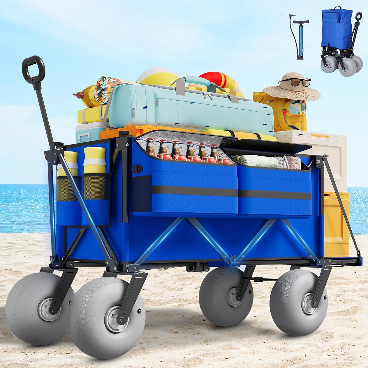 Beach Wagon with Big Wheels for Sand - 450lbs Load Heavy Duty Wagons Carts Foldable with 9