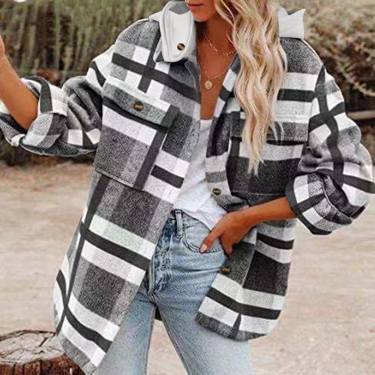 XUNRYAN Shacket Jackets Women Long Sleeve Shirts Oversized Plaid Blouse Jackets Wool-Blend Hoodies 2024 Fashion Clothes