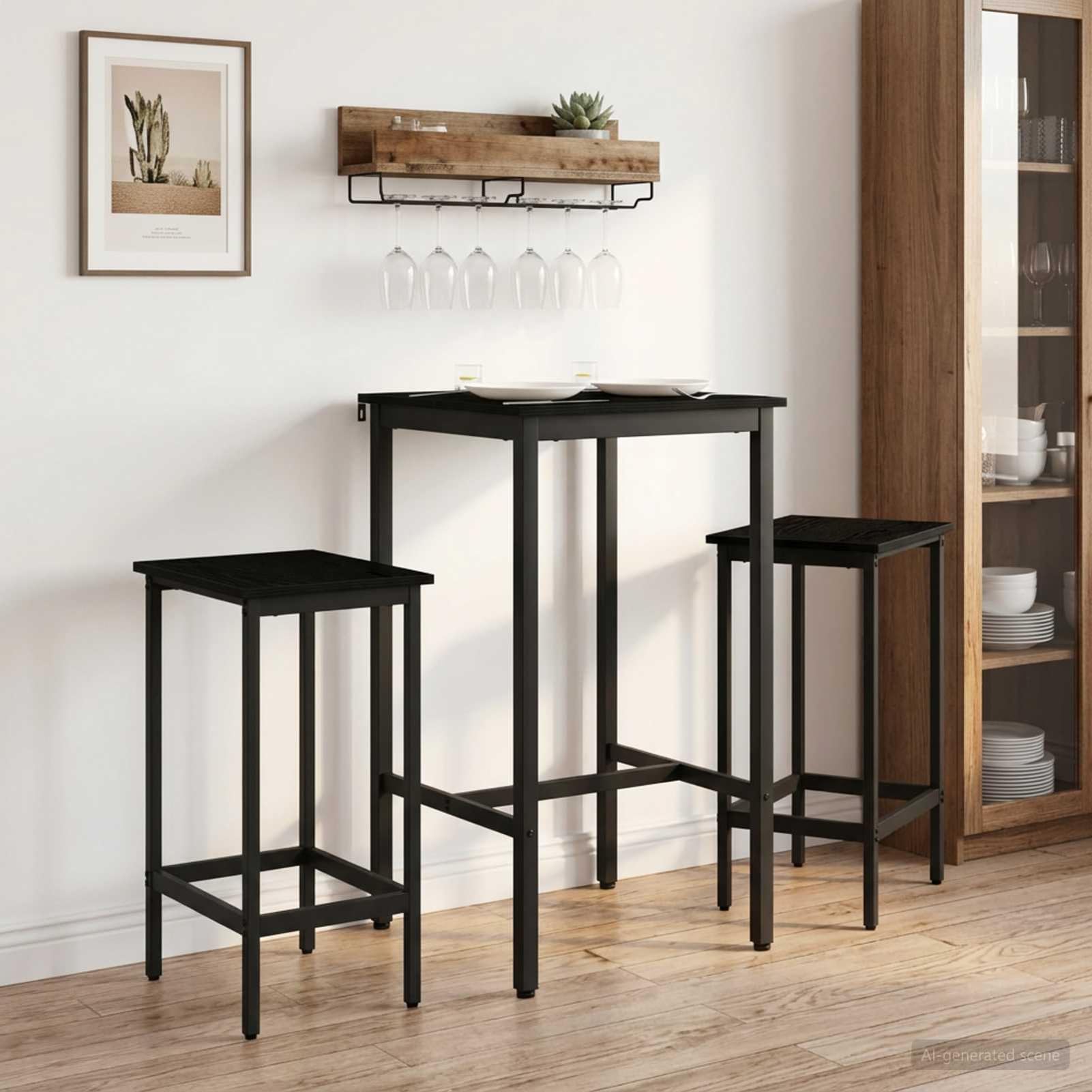Homgoday Mesa de Bar Moderna Rectangular Estructura de Acero galvanizado y Tablero de Madera Color Roble Negro Patas Ajustables 52x52x110 cm para Interiores