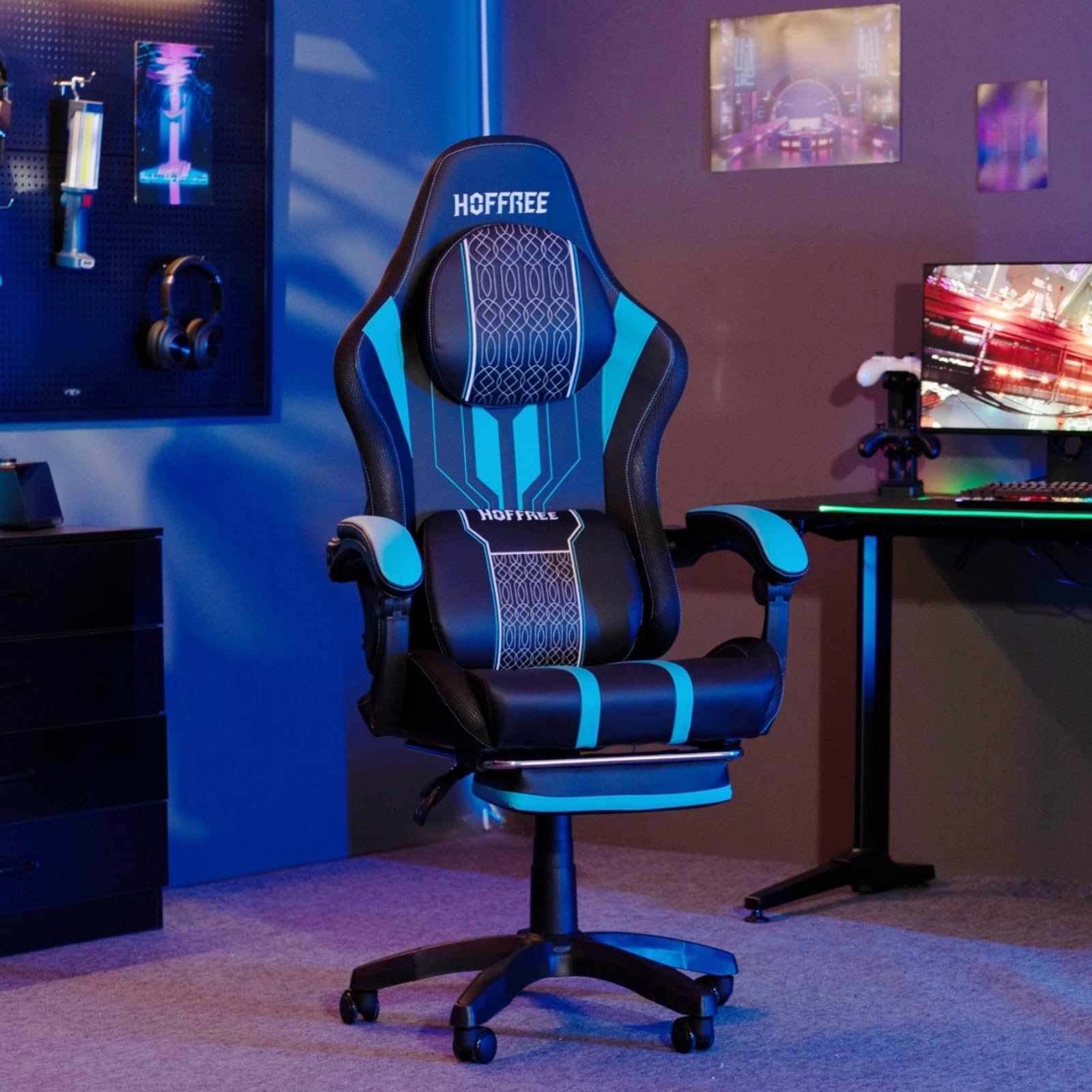 HOFFREE Gaming Chair Massage with Speakers Bluetooth and Footrest Big and Tall Video Game Chair for Heavy People 400lb with Massager for Adults Blue and Black