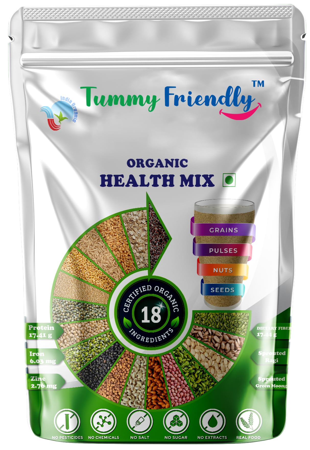 TummyFriendly Foods Certified Organic Health Mix Powder For Adults, kids, Women. Made with Sprouted Ragi Powder, Green Moong, Oats, Nuts, Seeds | MultiGrain Millet Health Mix | 800g