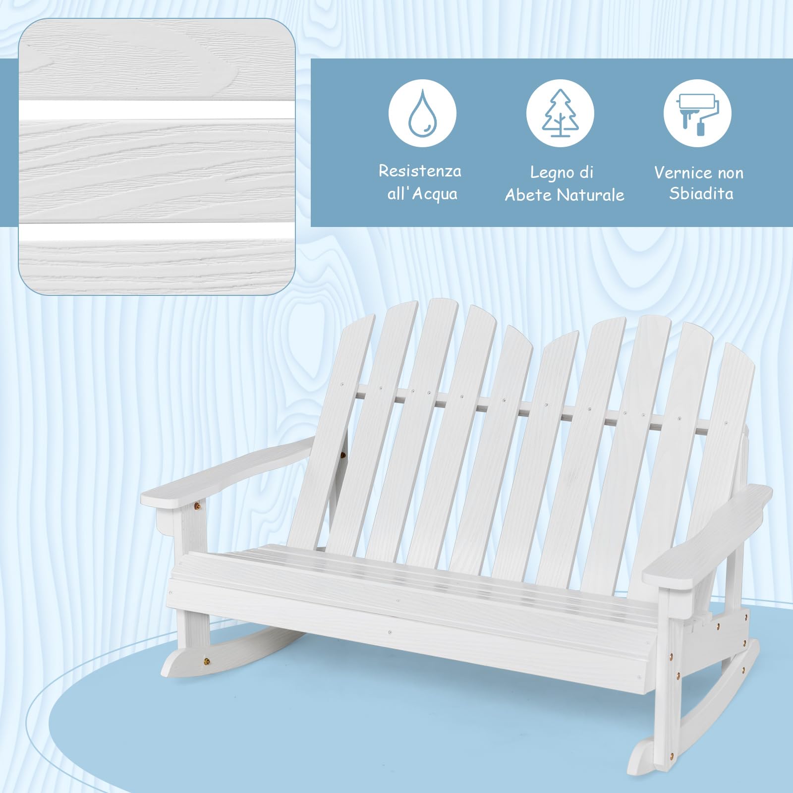 COSTWAY Sedia a Dondolo Adirondack per Bambini, in Legno di Abete, Panchina da Esterno 2 Posti con Dondolio Sicuro, Schienale Alto e Braccioli, Portata 100 kg, Dondolo da Giardino e Balcone (Bianco)