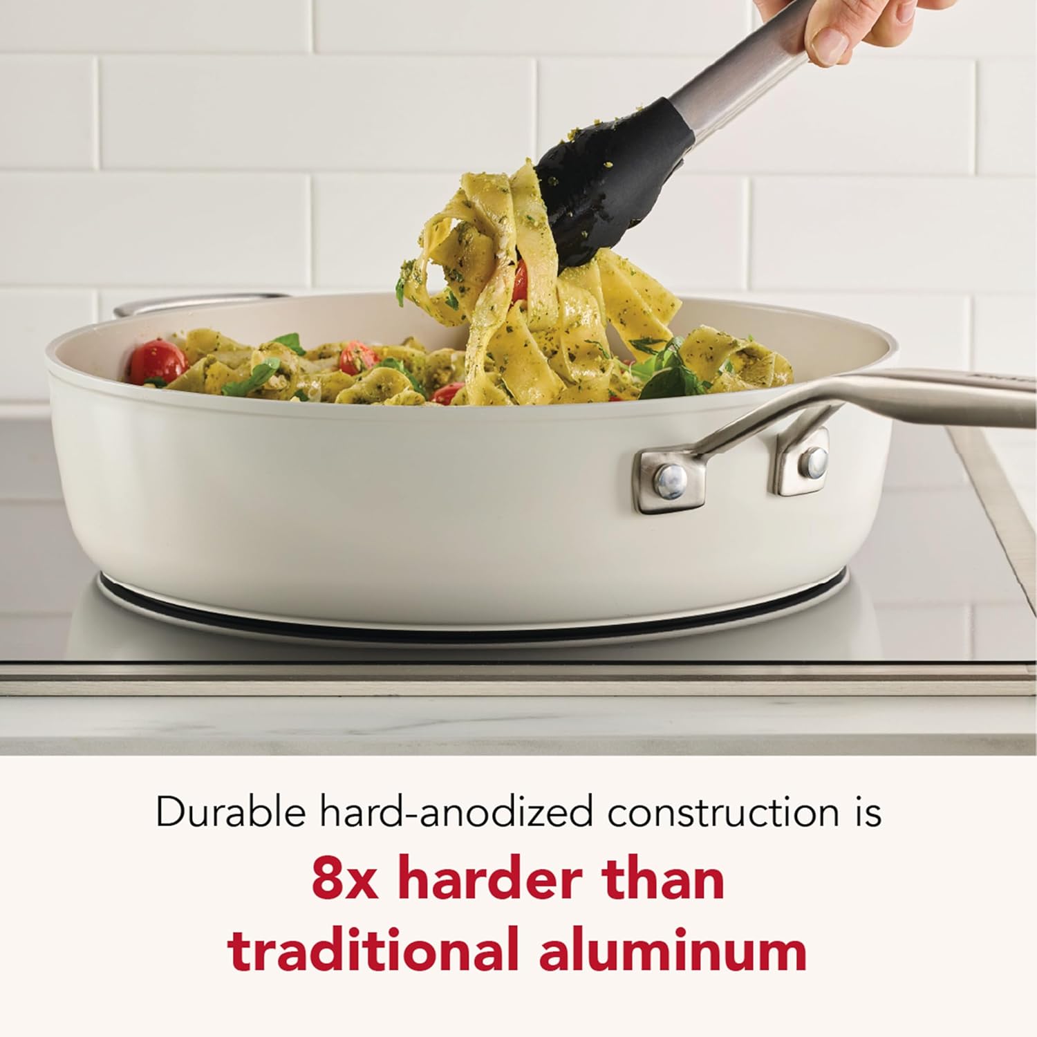 KitchenAid Hard Anodized Ceramic Induction Nonstick Cookware Saute Pan/Jumbo Cooker with Lid and Helper Handle, Dishwasher Safe, 5 Quart Sauteuse with Stainless Steel Handles - Porcelain White