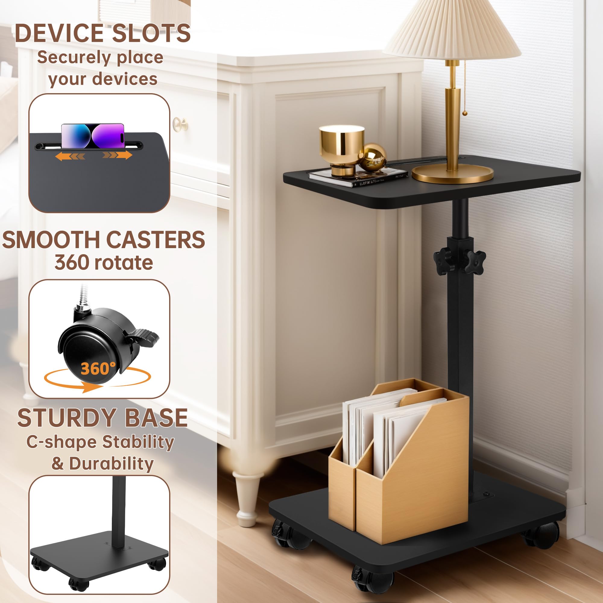 Mesa auxiliar en forma de C con ruedas, mesa auxiliar giratoria de 360° de altura ajustable, bandeja de TV, mesa de sala de estar, dormitorio, bandeja de brazo para cama, silla con ranura