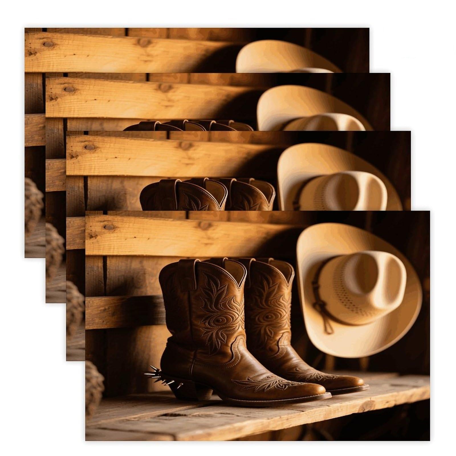 Western Cowboy Boots Placemats Heat Resistant Non-Slip Place Mats Washable Wipeable Table Mat Kitchen Dining Table Decoration Placemats Indoor Outdoor Place Mats 17.7’’×11.8’’