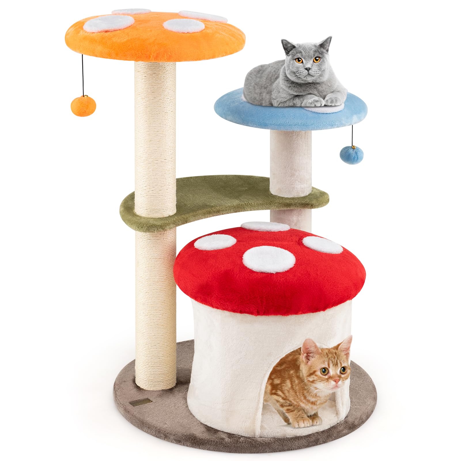 PETSITE Mushroom Cat Tree, Multi-Level Cute Cat Tree Tower with Sisal Scratching Posts, Cat Condo, Soft Plush Perches, and Dangling Toys for Indoor Cats (35 Inch)