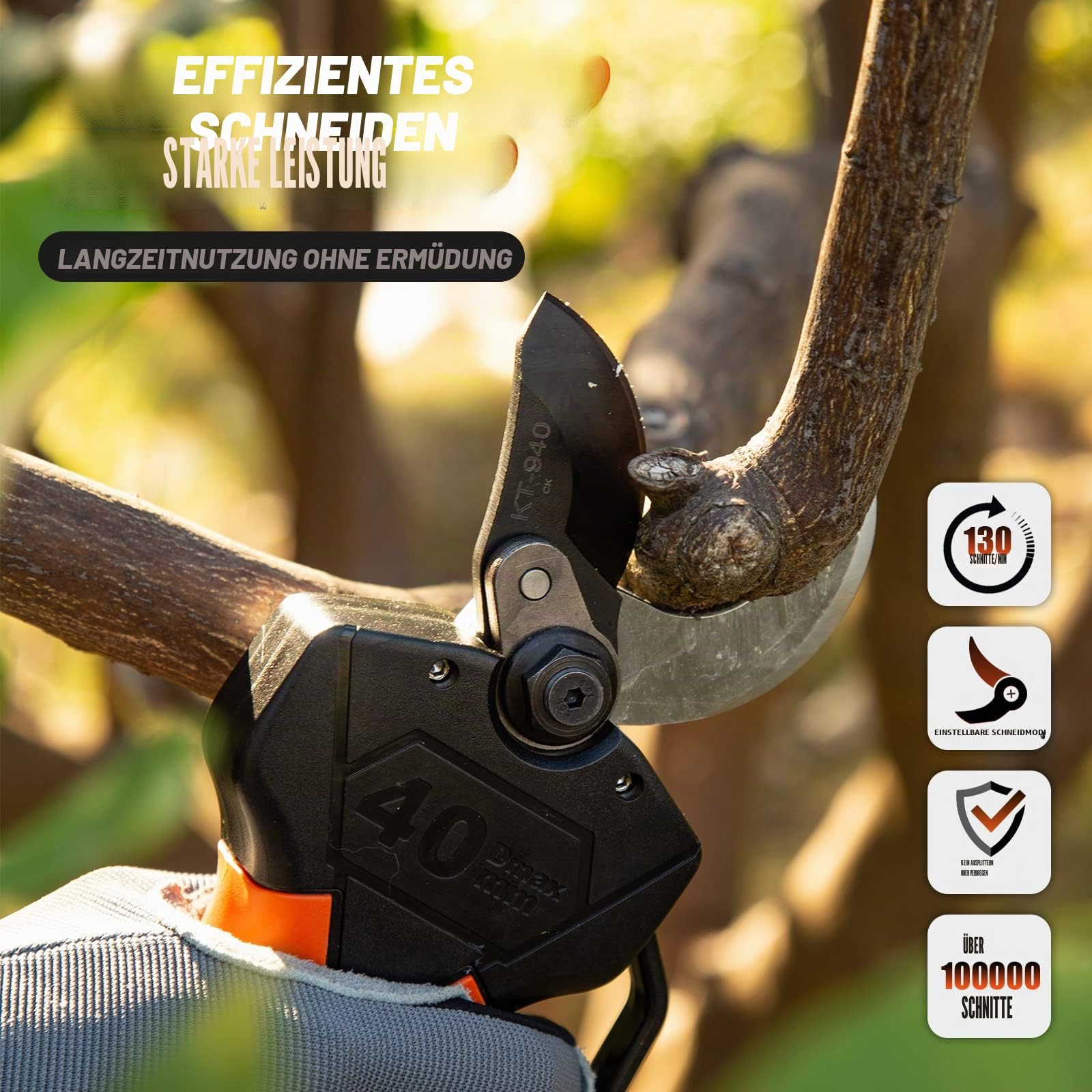 Kebtek Elektrische Gartenschere, 40 mm Schnurlose Gartenschere mit Verlängerungsstange 21V Bürstenloser Motor 2 Ah Wiederaufladbarer Akku, LCD-Display