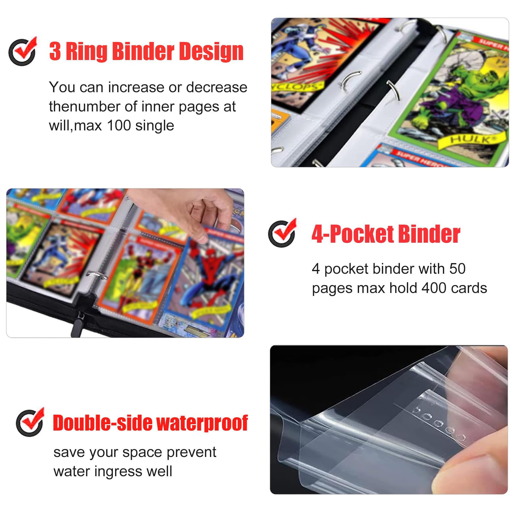 Album per carte in pelle termocromatica, 1080 tasche, 3 anelli | 60 buste double face, senza acidi e PVC, termosensibili, per carte TCG, per collezionisti