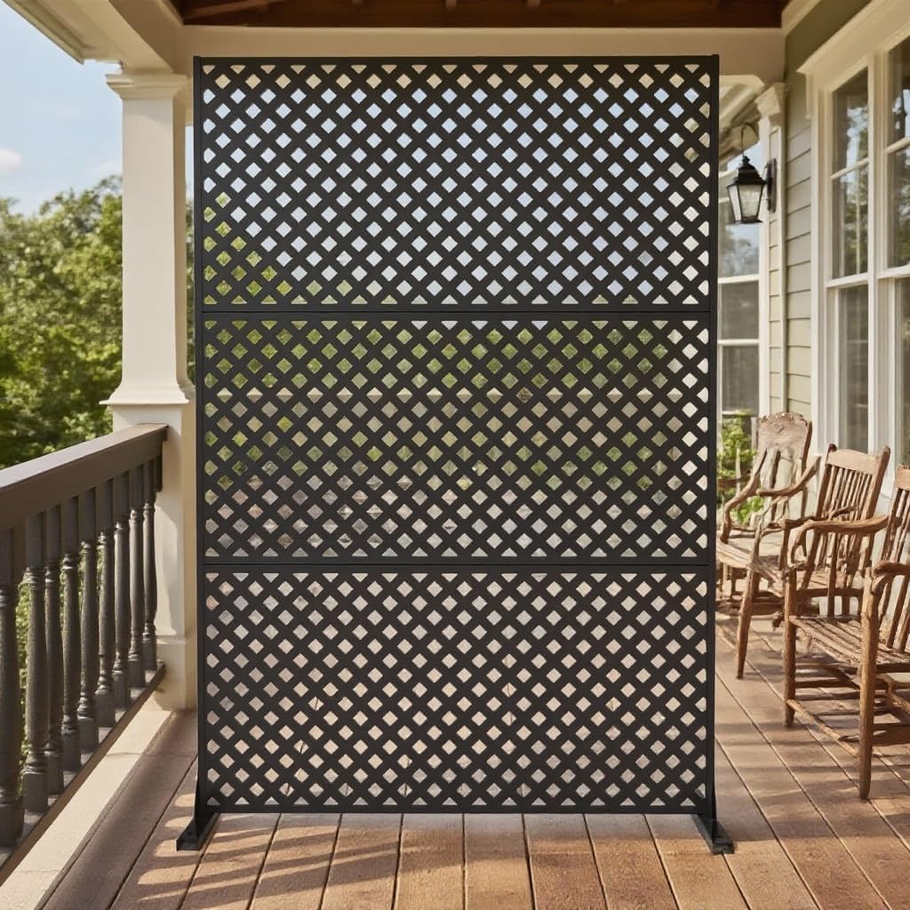 IDEALHOUSE 70" Metal Privacy Screen, Freestanding Decorative Room Divider with Geometric Pattern, Rustproof Outdoor Privacy Fence for Patio Balcony Poolside Indoor, Black