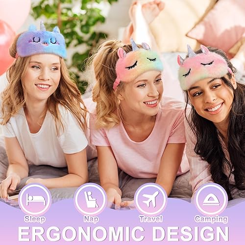 Miniatura 5 de Zhanmai 8 máscaras de unicornio para dormir de felpa, máscara de ojos de piel suave, ojos de unicornio con venda, lindo y divertido sombra para