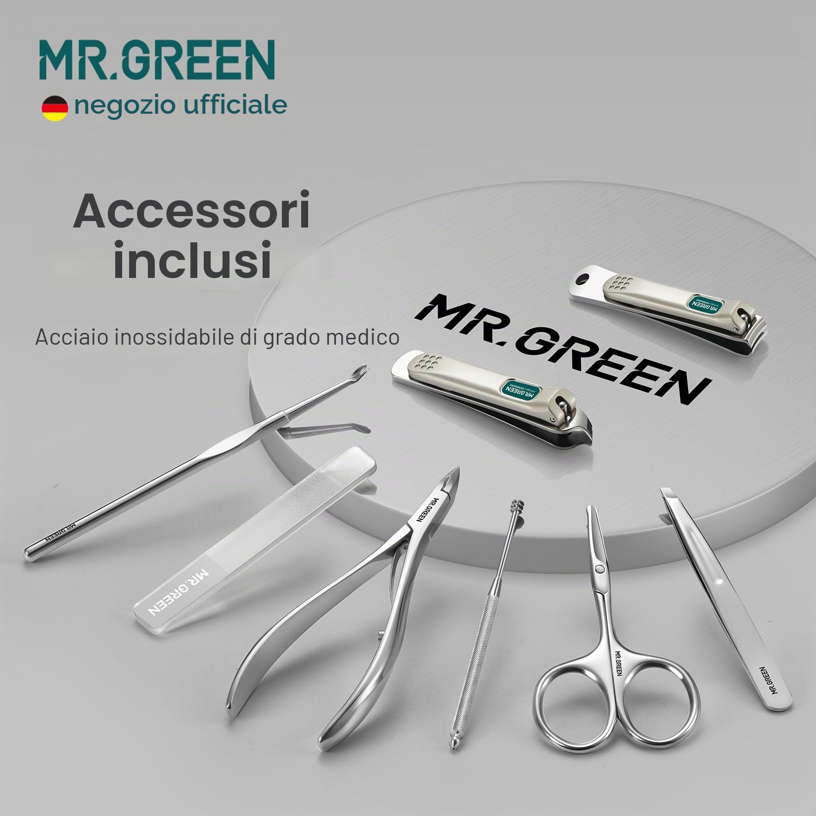 MR.GREEN Set manicure Tagliaunghie Set 8 in 1 Kit Pedicure Strumenti per la cura personale in acciaio inossidabile con custodia in pelle microfibra (Mr-6659)