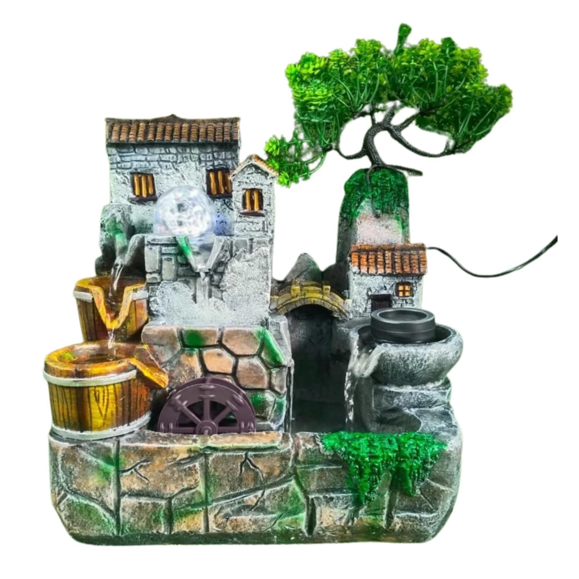 Indoor Water Fountain with LED Crystal Ball | Resin Village Scene with Mini Watermill & Bonsai Tree | Tabletop Decorative Fountain for Home & Office Decor-image-19