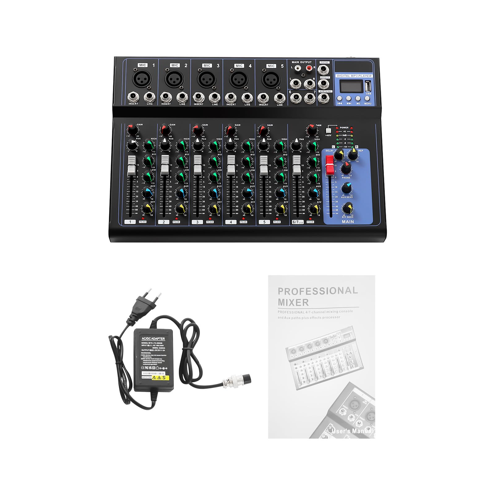 Mixer audio a 7 canali con Bluetooth e alimentazione phantom da 48 V, mixer digitale DJ per live streaming, podcast e home studio, con interfaccia USB