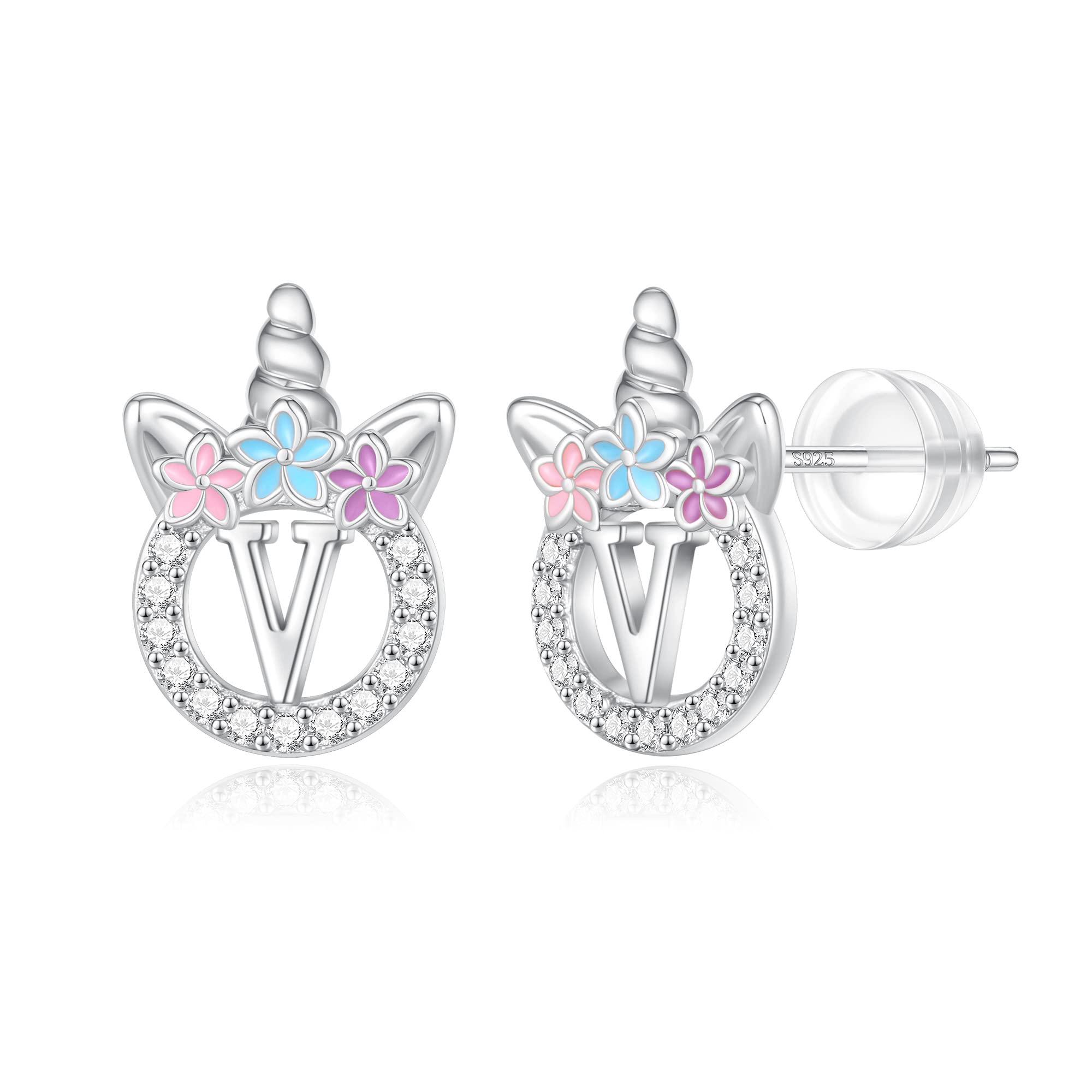 Unicorn Earrings Gifts for Girls - 925 Sterling Silver Stud Earrings Hypoallergenic Initial Unicorn Earring for Girls Kids Jewelry CZ Birthday Gifts