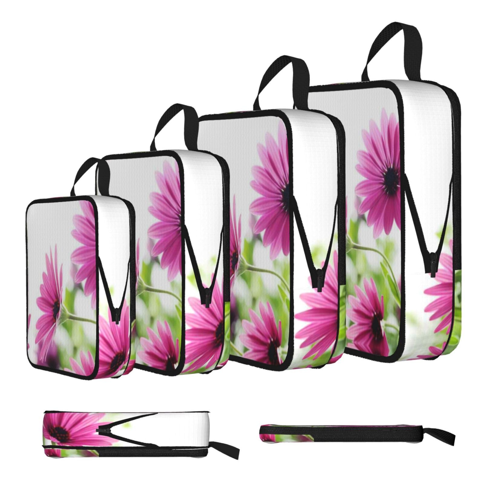 Esnaiuvcd Black Flower Print 4 Set Compression Packing Cubes For Suitcases,Expandable Storage Bags Organizers
