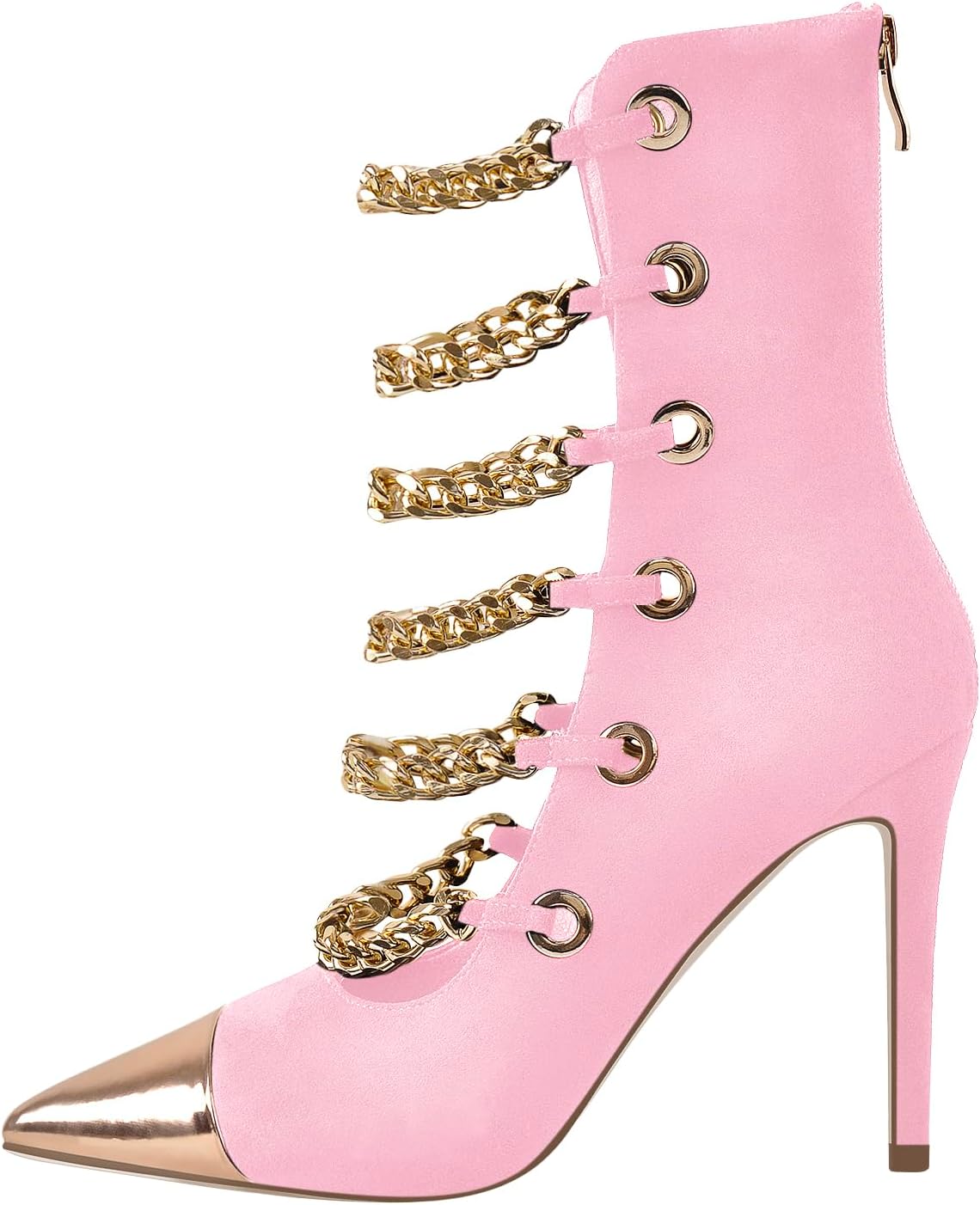 onlymaker Women's Pointed Toe Metal Chains Stiletto High Heel Zip up Boots