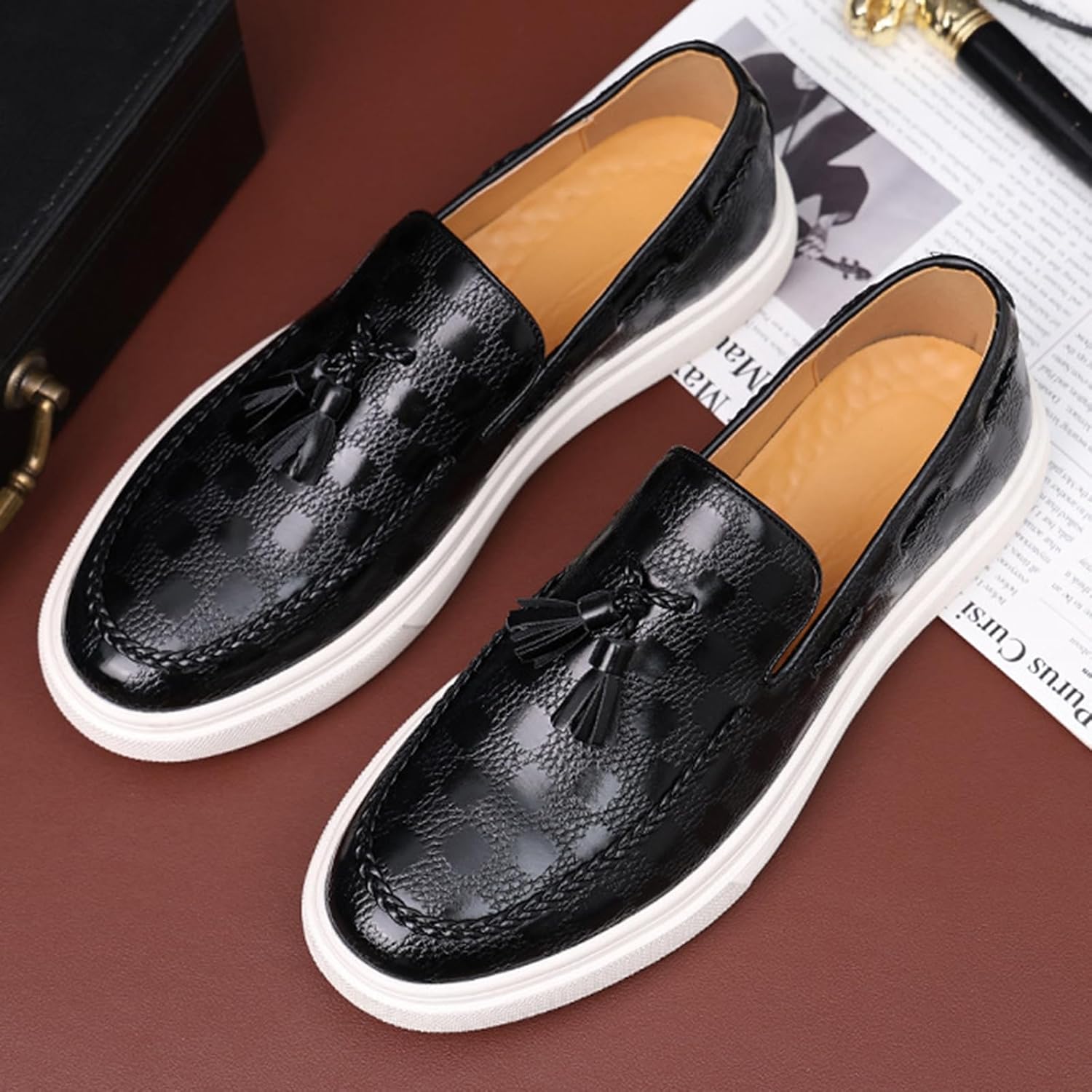Zeberfi Men's Plaid Pattern Leather Slip On Tassel Loafers Fashion Round Toe Low Top Non-Slip Luxury Business Casual Shoes - Image 5