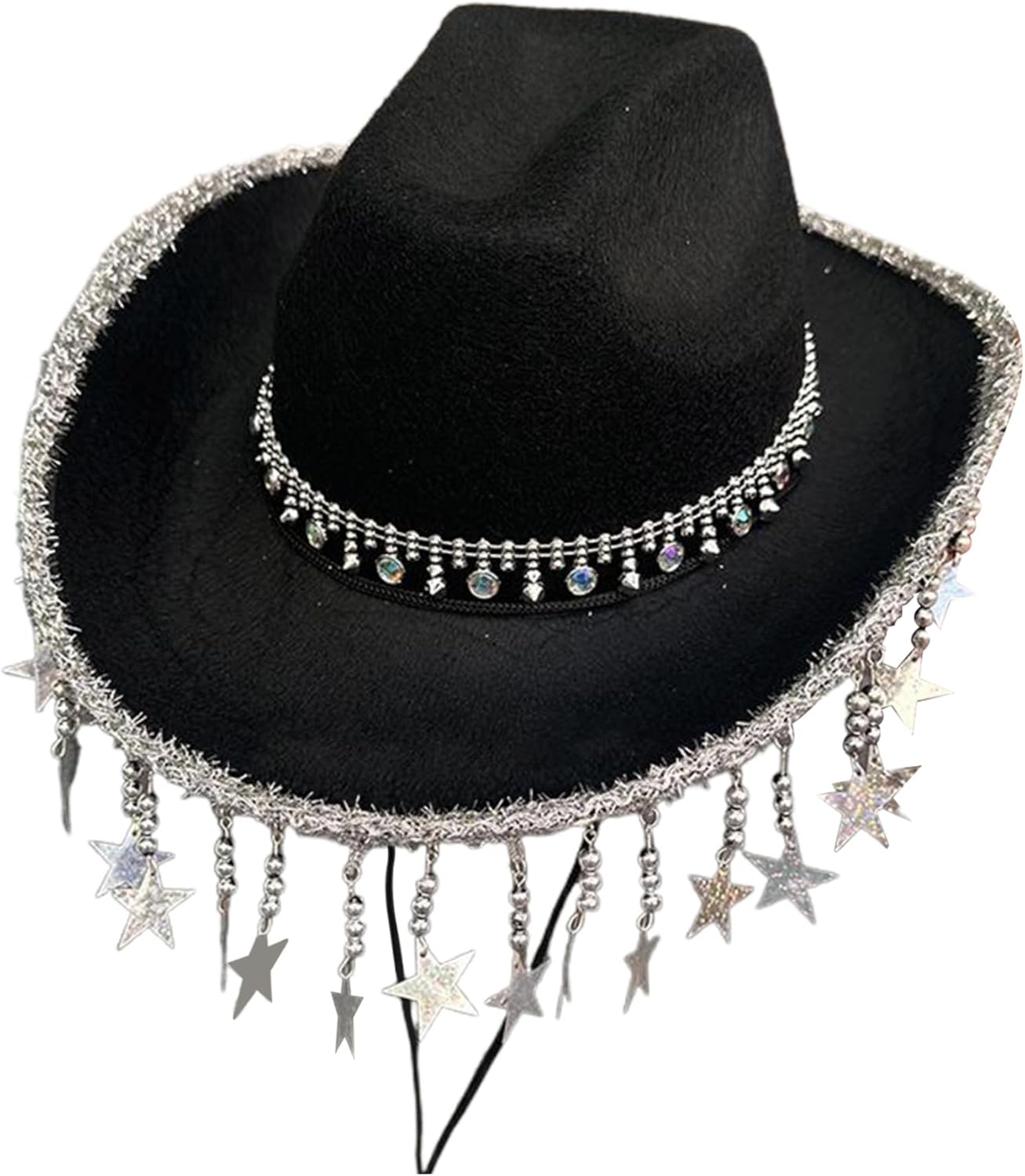 Rhinestone Cowboy Hat Sparkly Glitter Disco Cowboy Hat with Star Fringe Cowgirl Black Rhinestone Cowgirl Disco Outfits for Women.