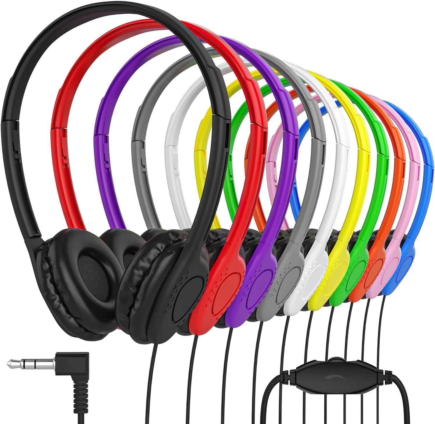 Maeline Bulk Classroom Student Headphones with Volume Control, On Ear Stereo Headphones with Faux Leather Cushions for Kids Online Learning, Library, School, Airplane, Travel - 3.5mm Plug - 500 Pack