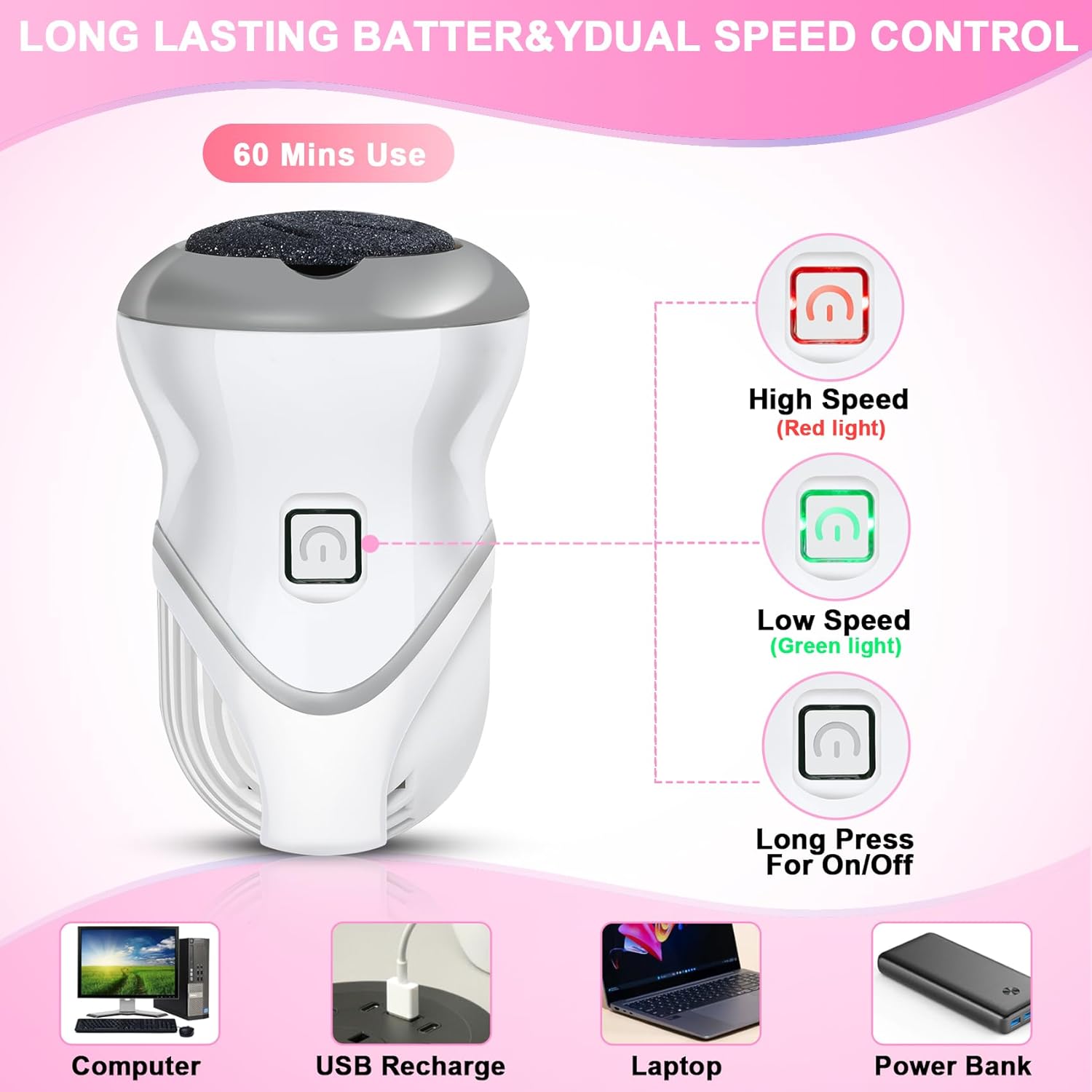 Electric Foot Callus Remover for Women Men, Rechargeable Electric Foot File Pedicure Tool with 2 Speeds and 6 Grinding Heads, Portable Feet Grinder for Cracked Dry Heels Dead Skin Calluses - Image 2