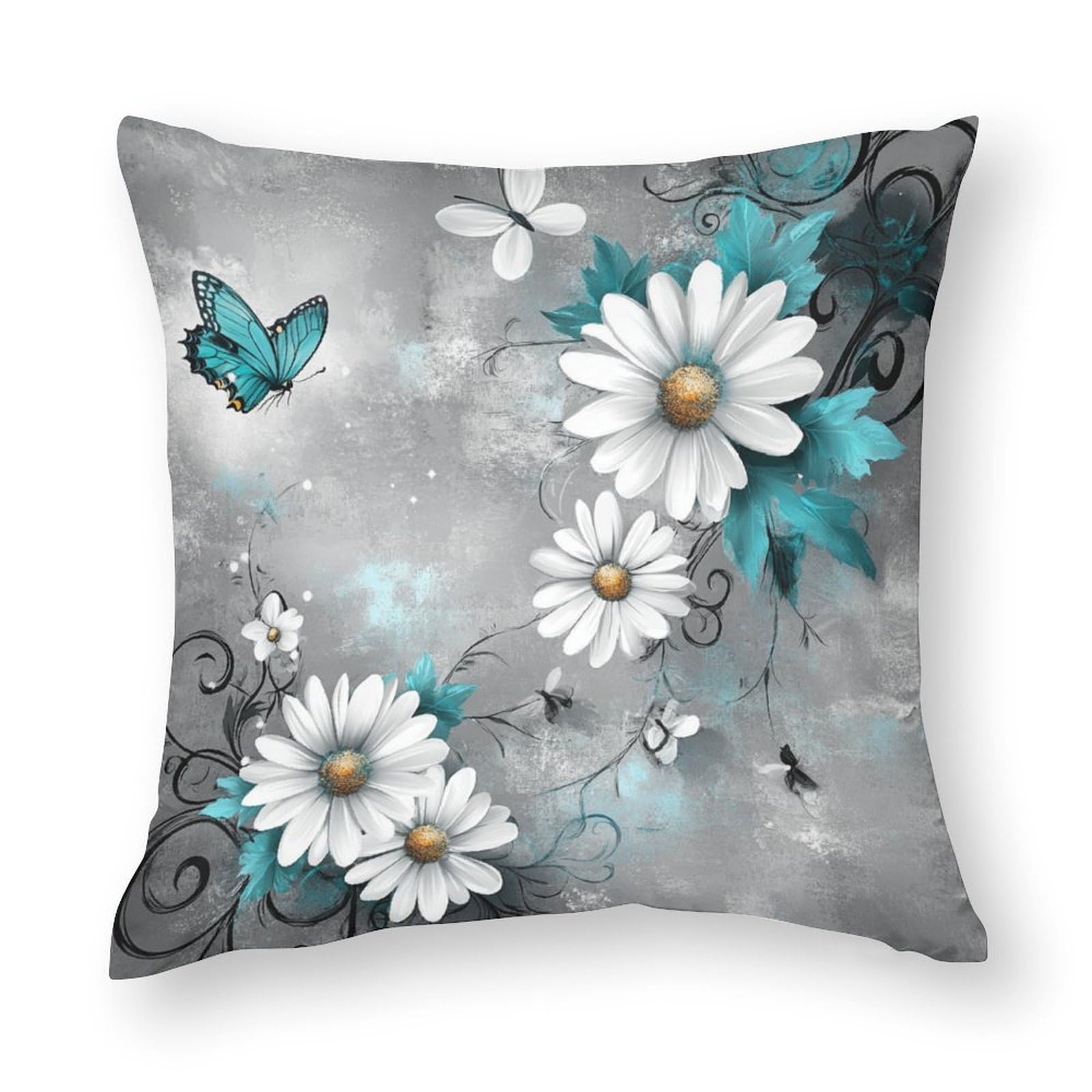 24"x24" Decorative Pillowcase Teal And White Flowers with Butterflies Satin Cushion Cover Rustic Turquoise Floral Outdoor Pillows for Patio Furniture