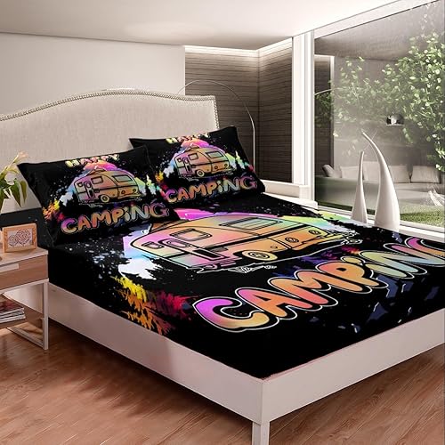 Miniatura 8 de Camper Decor Sábanas de cama Happy Camping, sábana bajera ajustable de campamento con juego de cama de montaña, juego de cama de verano para