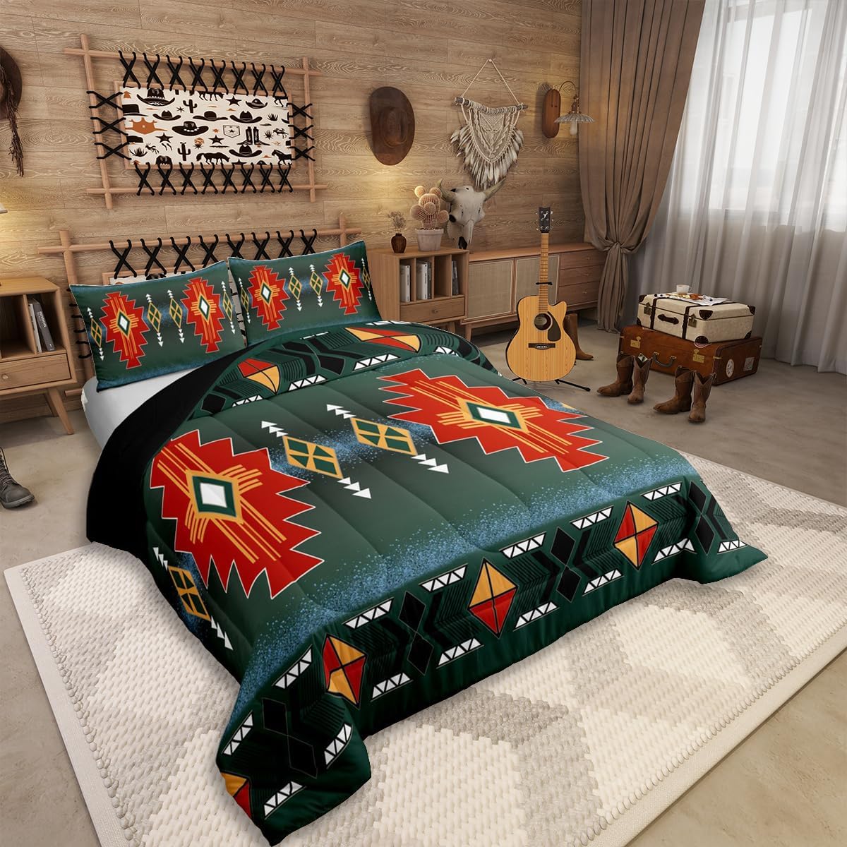 Erosebridal Southwestern Aztec Twin Comforter Set, Rustic Western Bedding Set, Exotic American Native Bedding Comforter Sets for Boys Teens Men Bedroom, Vintage Bohemian Geometric Quilt, Red Green