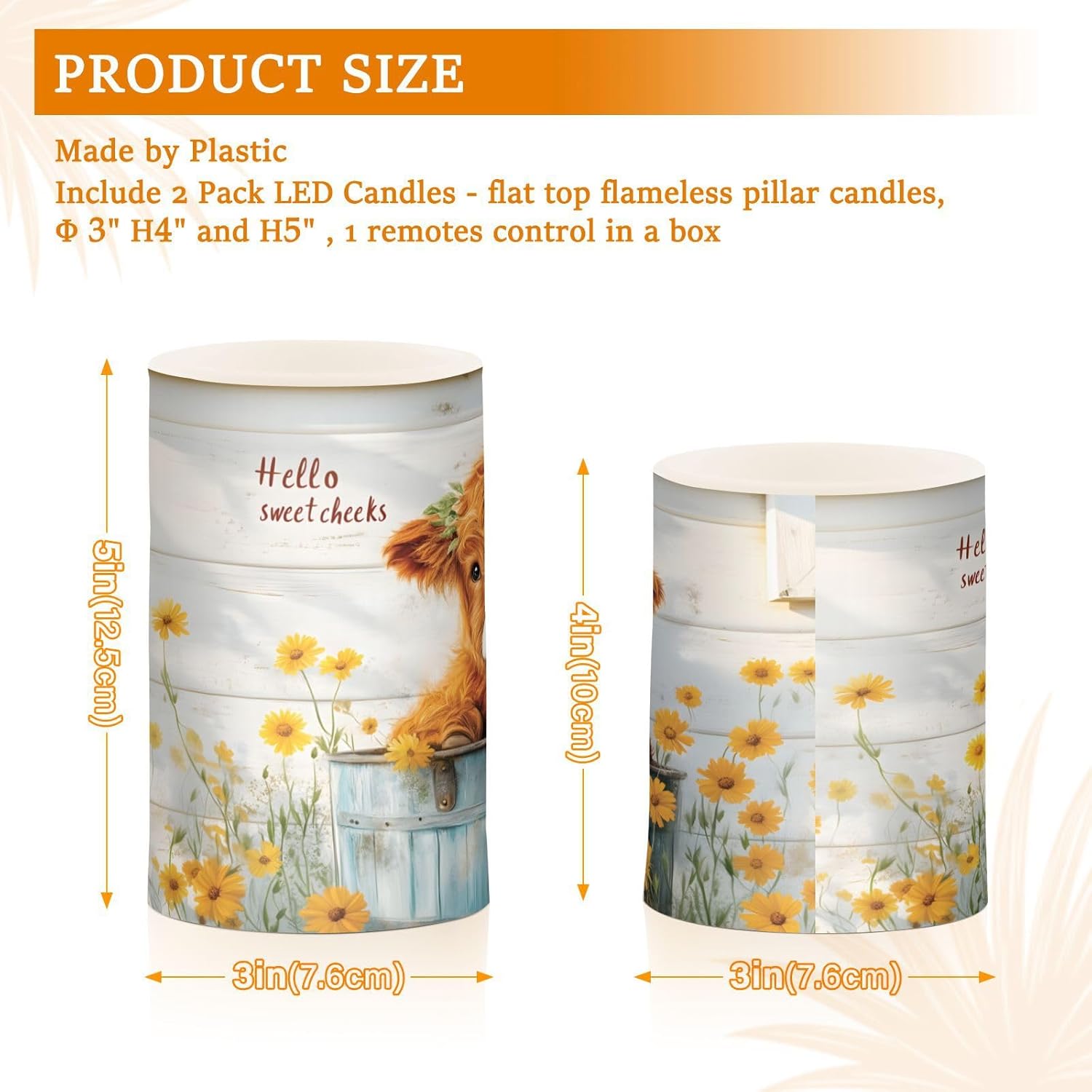 ALAZA Cute Highland Cow Daisies Flameless Candles, LED Pillar Candles with Remote Timer, Battery Operated Candles Set of 2