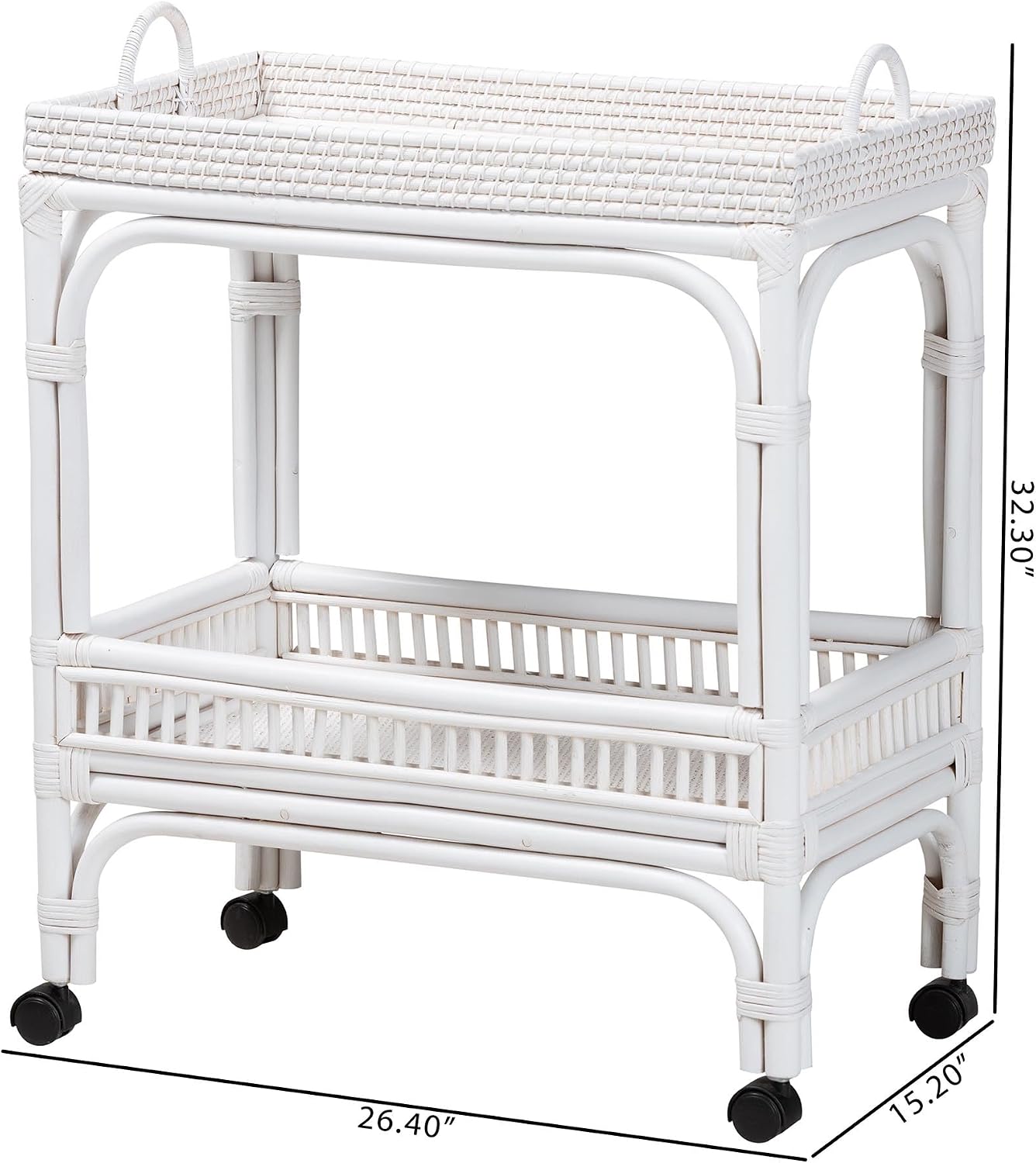 Bali & pari Lombok Natural Rattan Wine Cart - Handwoven Wicker 2-Tier Mobile Bar Cart with Raised Tray Top Kitchen or Lounge, White