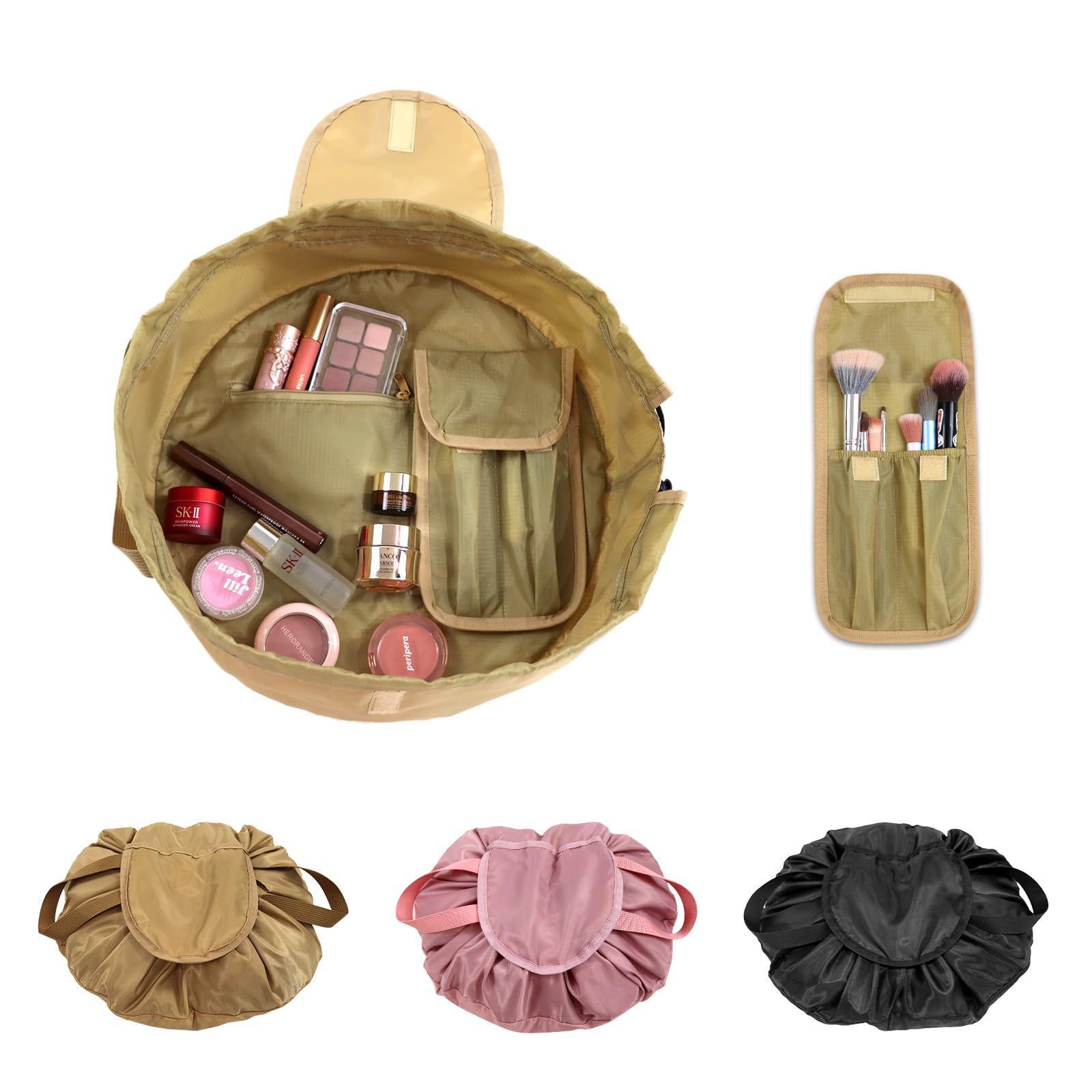 Drawstring Makeup Bag – Barrel Drawstring Cosmetic Bag Opens Flat for Travel Toiletry Cinch Bag with Brush Bag ( Khaki )