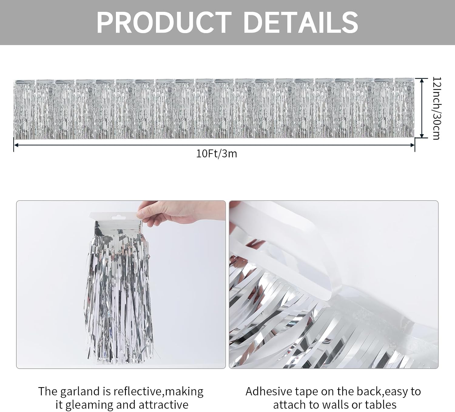 4 Pack Silver Fringe Garland, 40FT Metallic Foil Fringe Banner, Tinsel Garland, Silver Streamers Foil Fringe Curtain Fringe Trim for Birthday Wedding Christmas Graduation Party Decorations