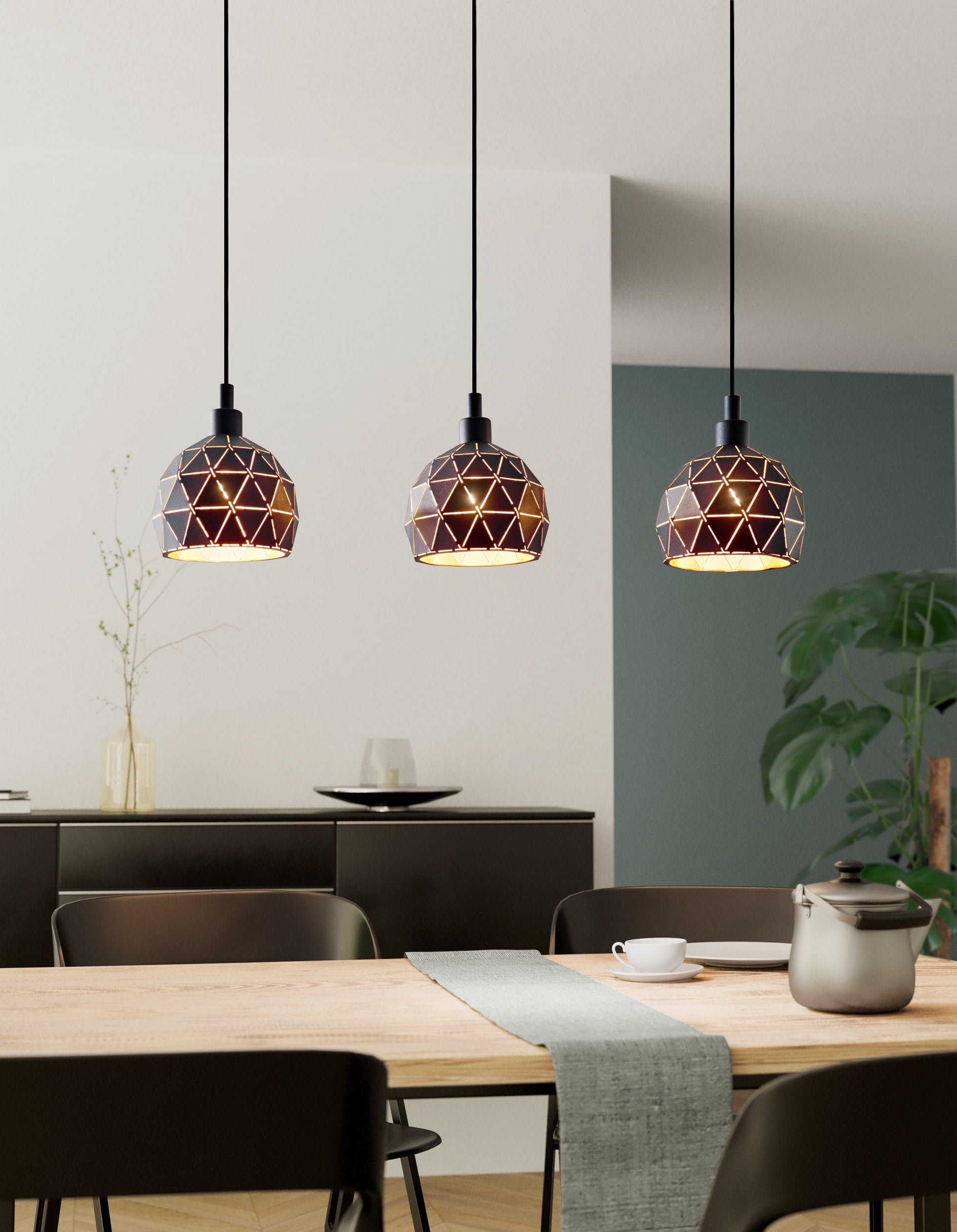 EGLO Pendellampe Roccaforte, 3-flammige Pendelleuchte | Hängelampe aus Metall in Schwarz und Gold, E14 Fassung