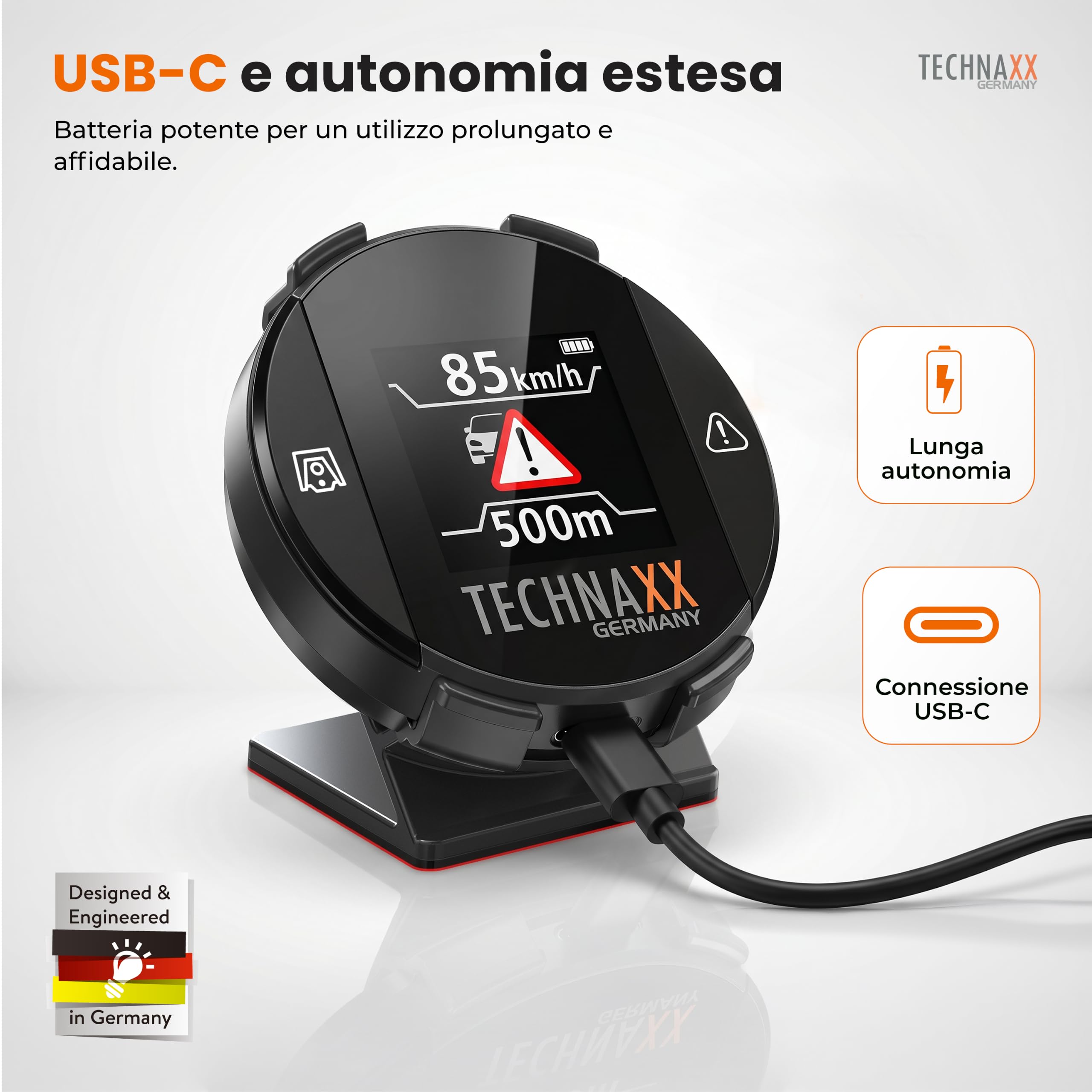 Technaxx Rilevatore di Radar con Blitzer.de – Dispositivo di Allerta con Display, Avvisi su Limiti di Velocità e Pericoli, Visualizzazione in Tempo Reale, Attivazione Automatica - TX-388