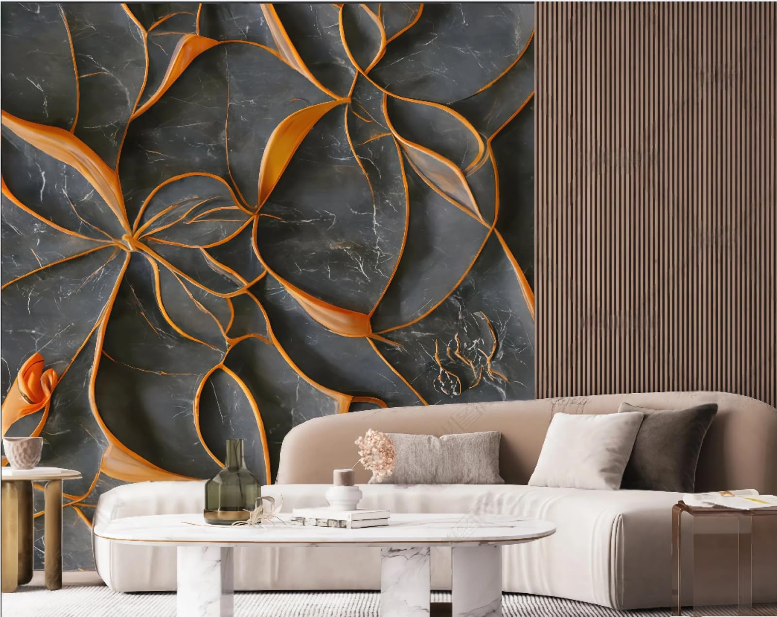 Tapeta trójwymiarowa abstrakcyjna pomarańczowa rzeźba w skale relief marmurowy wzór TV sofa tło tapeta ścienna salon restauracja kawiarnia mural, 3D, 200 x 140 cm