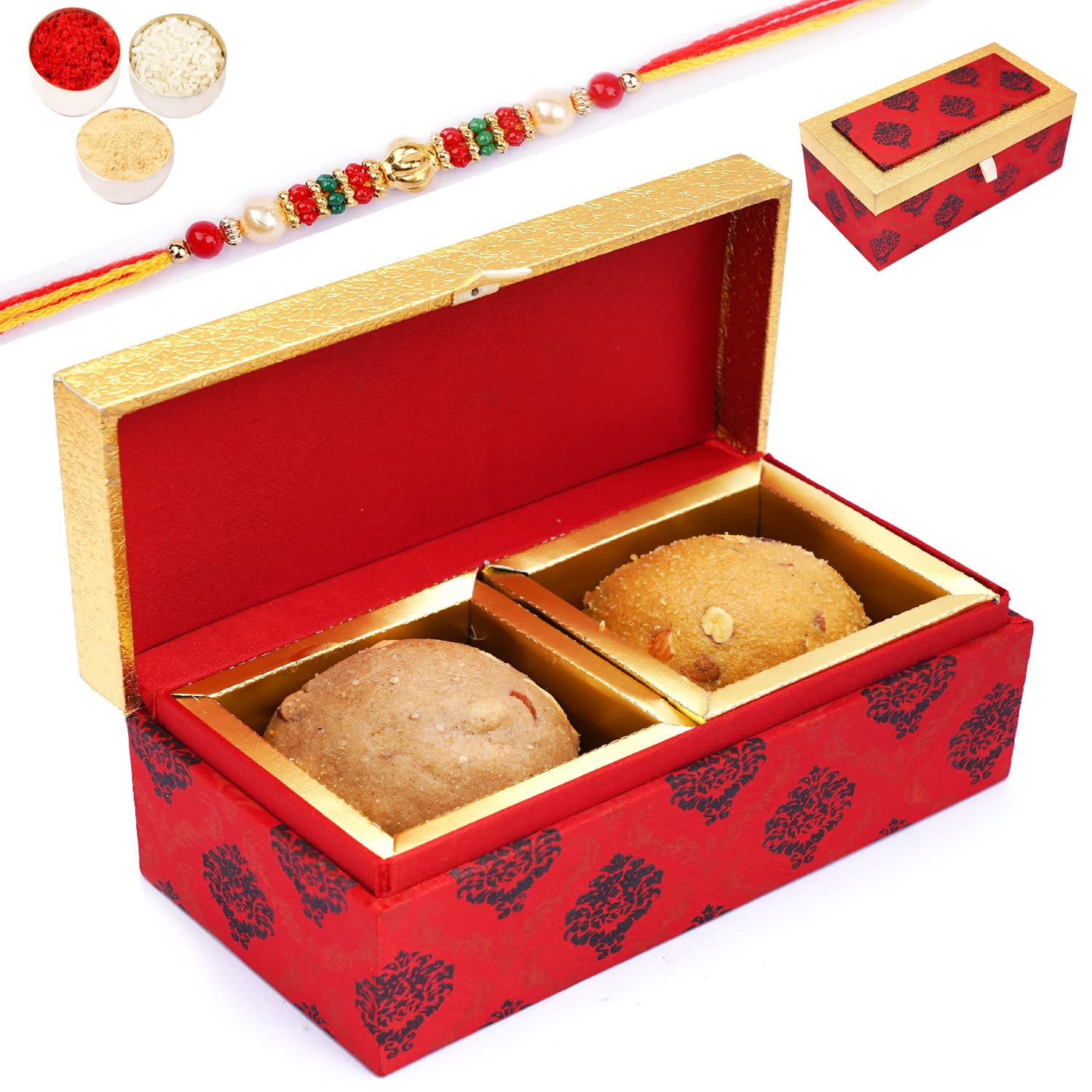 Ghasitaram Gifts Rakhi Gifts for Brothers 2 Laddoo Box of Panjeeri Laddoo and Besan laddoo with Pearl Beads Rakhi
