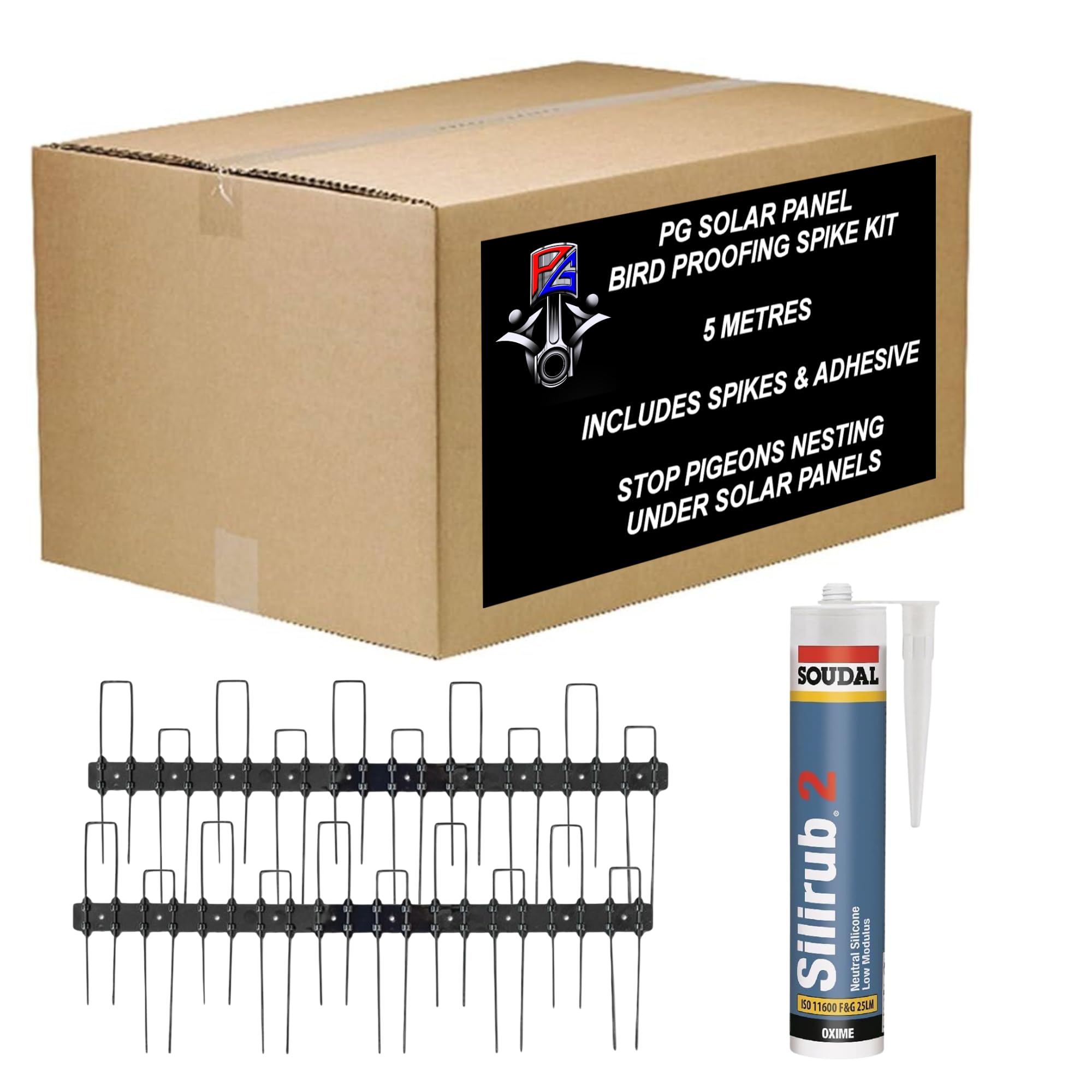 PG 5m Solar Panel Bird Proofing Kit Stainless Steel Black Bird Spikes 210mm With Silirub 2 Sealant - To Control & Prevent Pigeons Nesting (5 Metres)