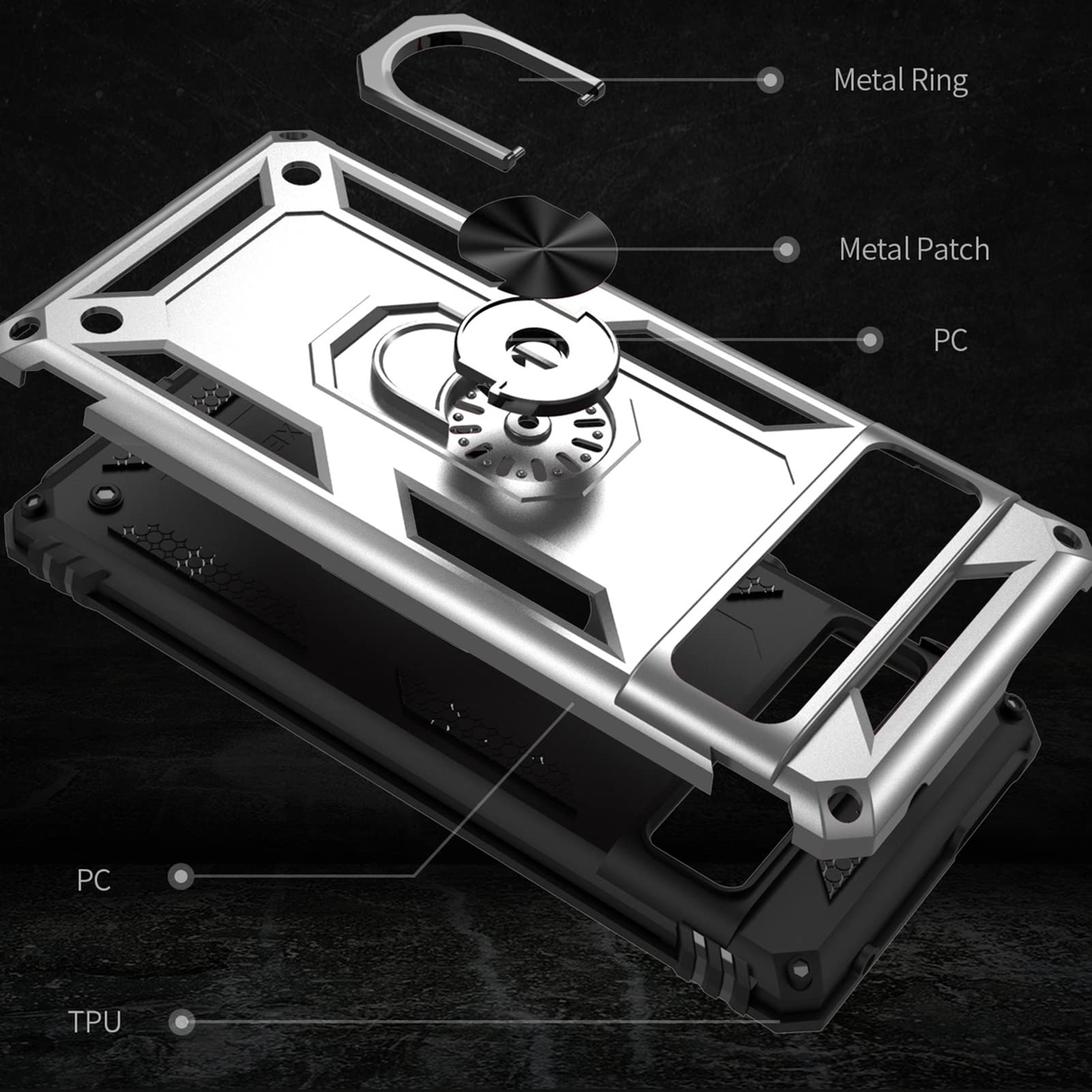 PROPFE Wytrzymałe etui pancerne do Google Pixel 7/7 Pro, stojak na pierścień, odporny na wstrząsy, wojskowa klasa ochronna, twarda osłona na telefon komórkowy, kolor srebrny, 7Pro 6,7''