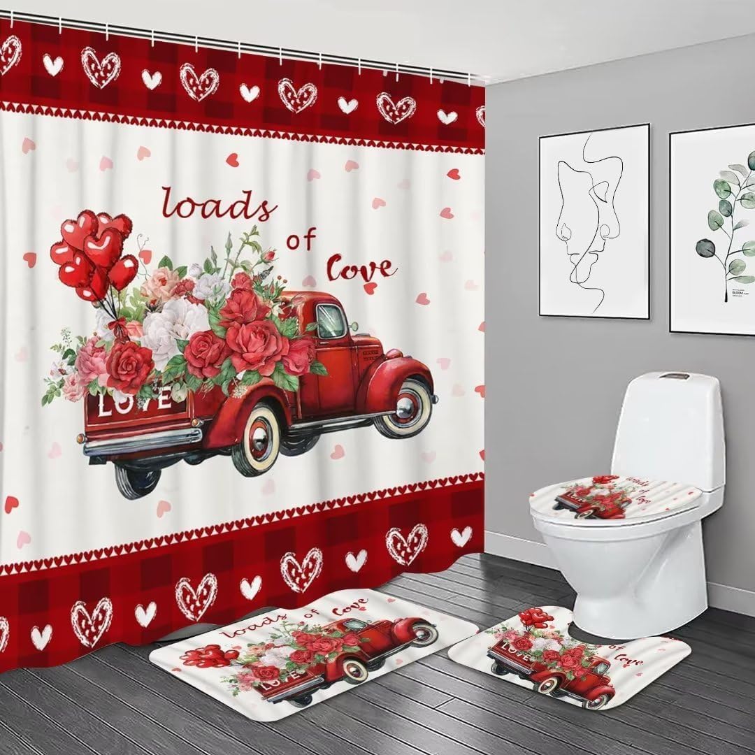 NBVKO 4PCS Valentine's Day Lvoe and Car Shower Curtain Set with Non-Slip Rugs,Toilet Lid Cover and Bath Mat,Bathroom Decor Accessory Set