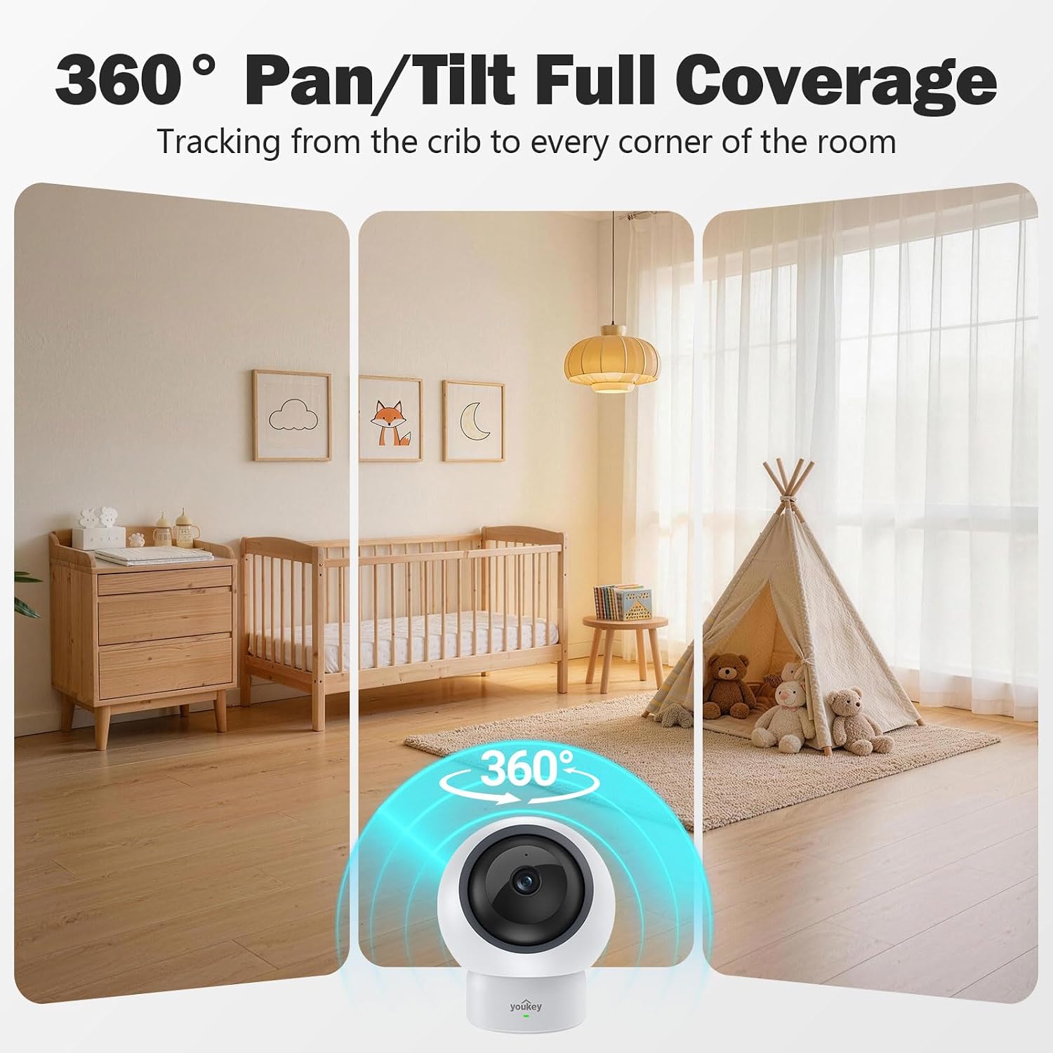 youkey 2.5K Baby Monitor, AI Crying & Motion Detection for Peace of Mind, 360° Pan/Tilt, Invisible Night Vision, Two-Way Audio to Soothe & Comfort, No Subscription, Local Storage, 2.4GHz & 5G