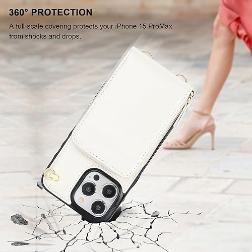 Miniatura 8 de KIHUWEY Funda tipo cartera cruzada para iPhone 15 Pro Max, funda de bolsillo con cremallera y soporte para tarjetas, funda protectora de piel