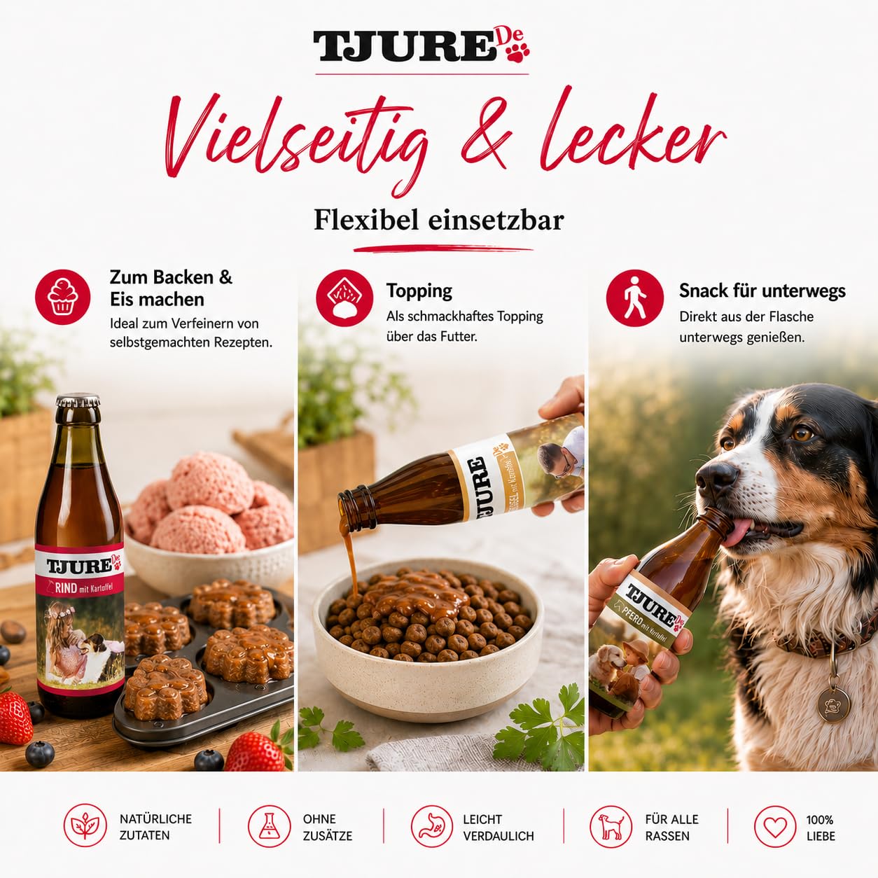TJURE Hunde Smoothie All in One Paket | Huhn | Rind | Lamm | Moro | Geflügel | Pferd | 6 x 320ml | Als Topping & Snack für Hunde | Zutaten in Lebensmittelqualität | Getreidefrei | Made in Germany