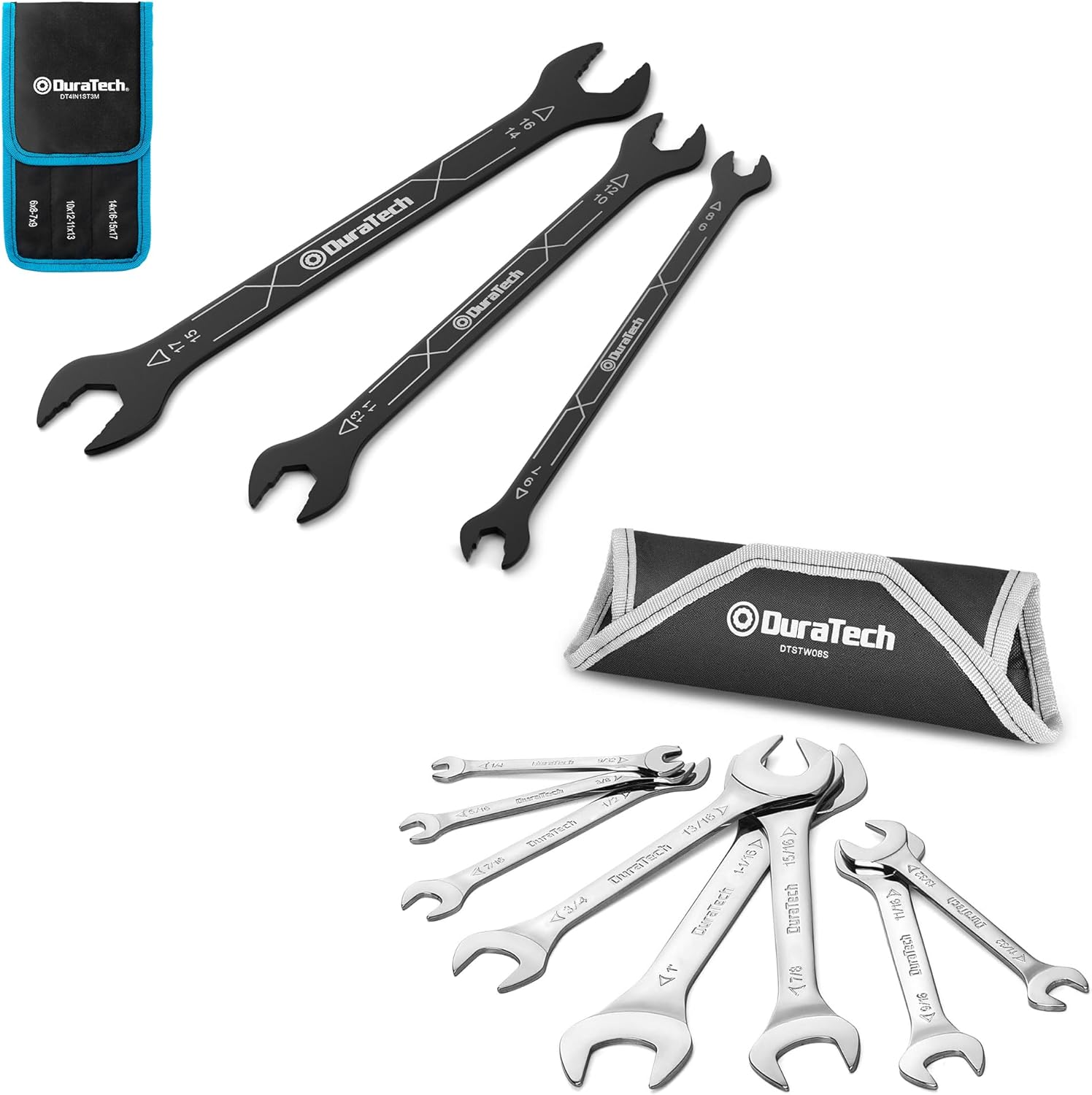 DURATECH 4-in-1 Super-Thin Open End Wrench Set, 3-Piece, 12 Sizes, Metric, 6 mm to 17 mm, And Super-Thin Open End Wrench Set, SAE, 8-Piece, 1/4" to 1-1/16"