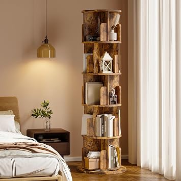 MXV Rotating Bookshelf, 360 Display 5 Tier, Small Corner Bookshelf for Small Space, Floor Standing Bookcase Storage Rack, Wood Narrow Book Shelf Organizer for Bedroom, Living Room, Brown
