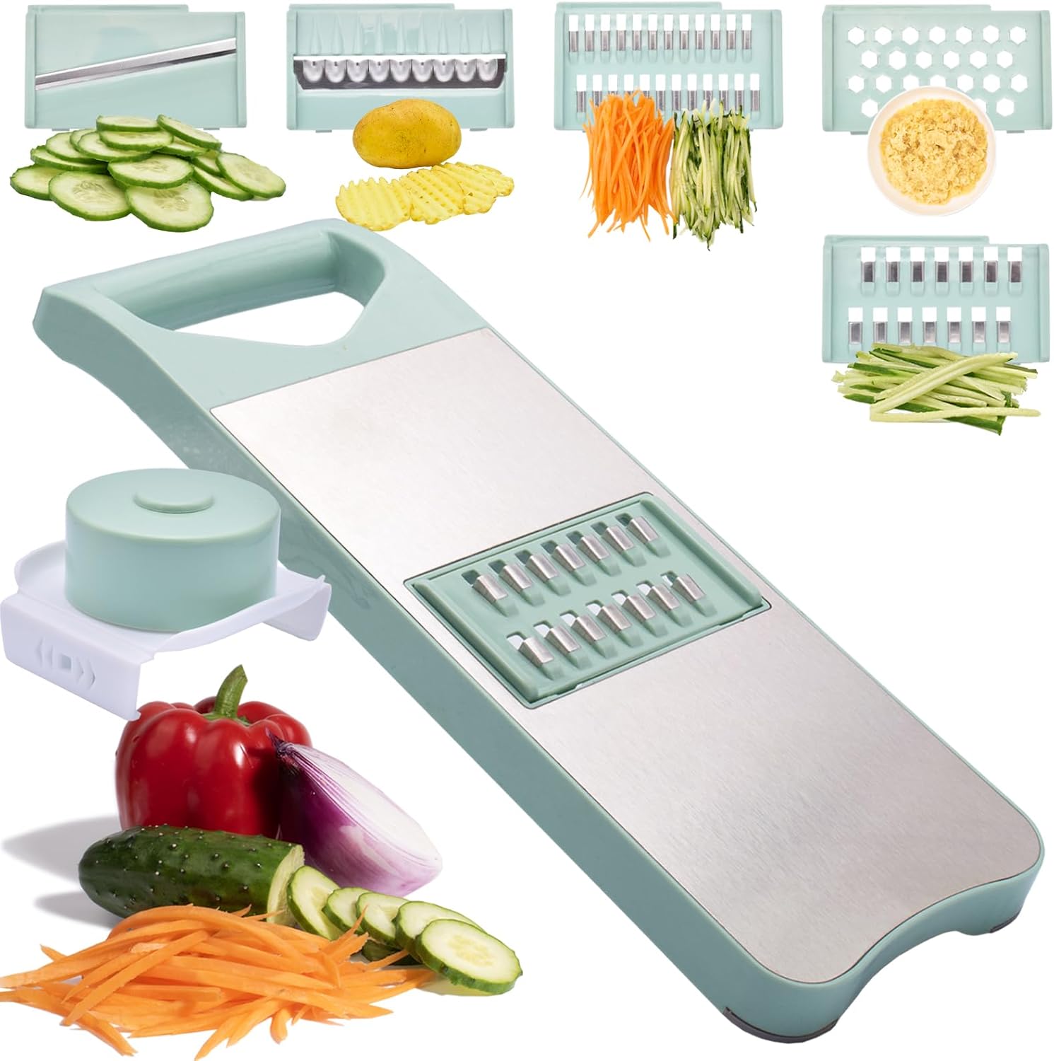 Multi-Purpose Mandoline Slicer for Kitchen with Slide-On Hand Guard – Vegetable Chopper, Potato/Onion/Garlic Slicer, Kitchen Grater(Multi-Color) (Seafoam green, 5-in-1)