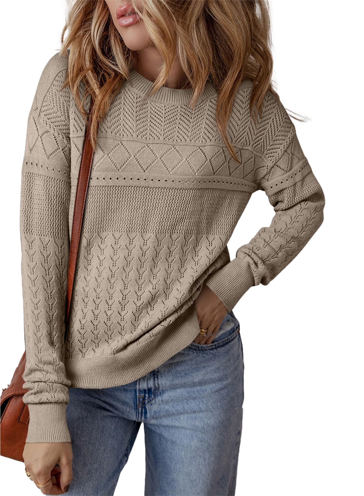 SHEWIN Fall Sweaters for Women Casual Crewneck Long Sleeve Crochet Pullover Tops Sweater